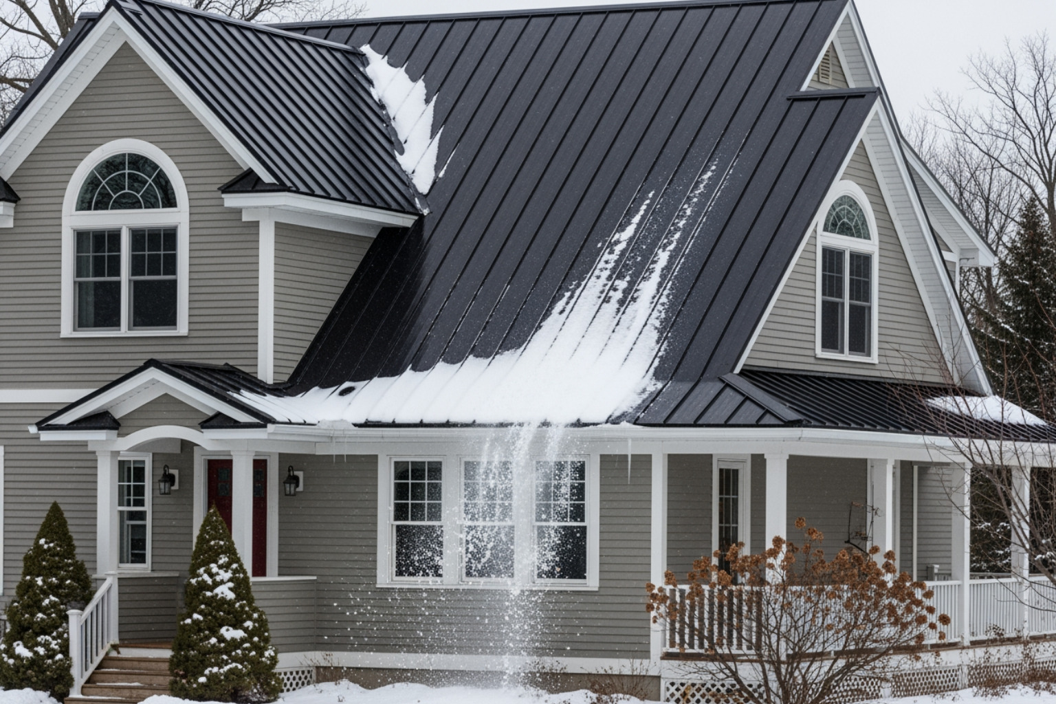 A metal roof on a residential home easily shedding snow - metal roof on residential home A metal roof on a residential home easily shedding snow - metal roof on residential home