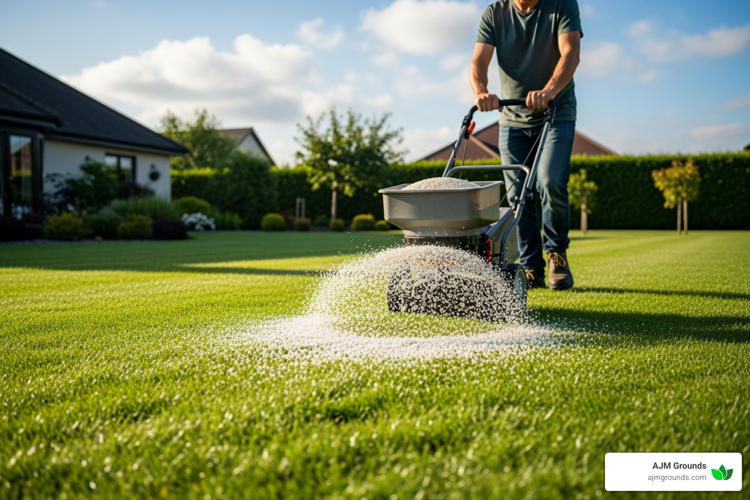 a broadcast spreader being used on a lawn - growing grass from seed