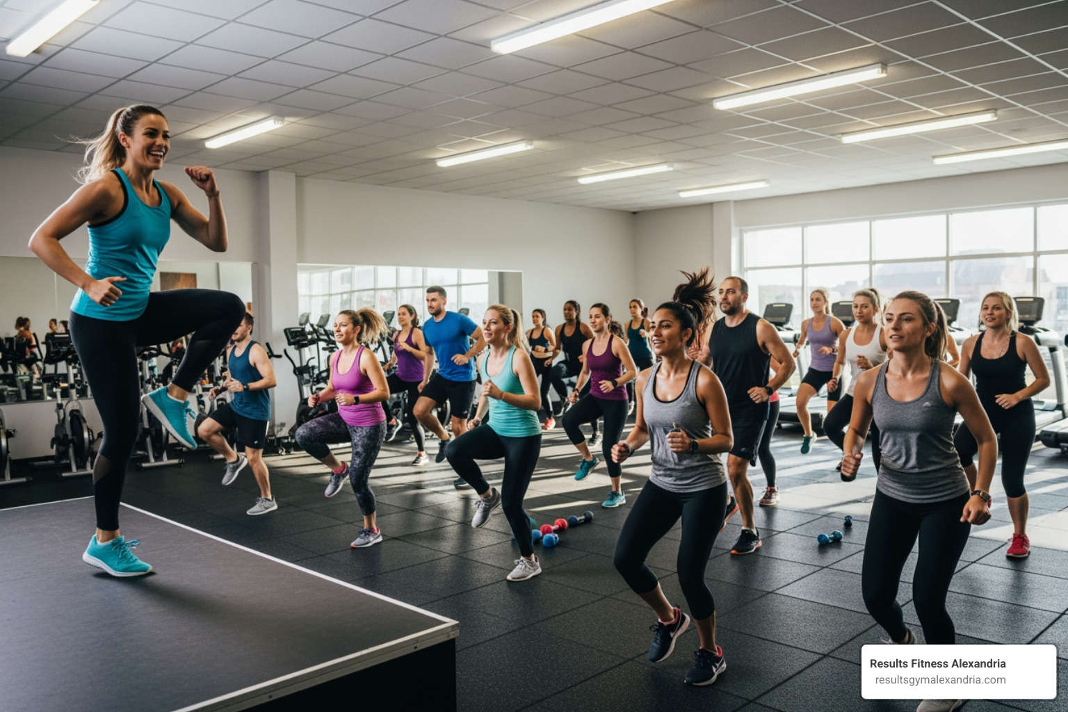 group fitness class with instructor - aerobics classes for beginners