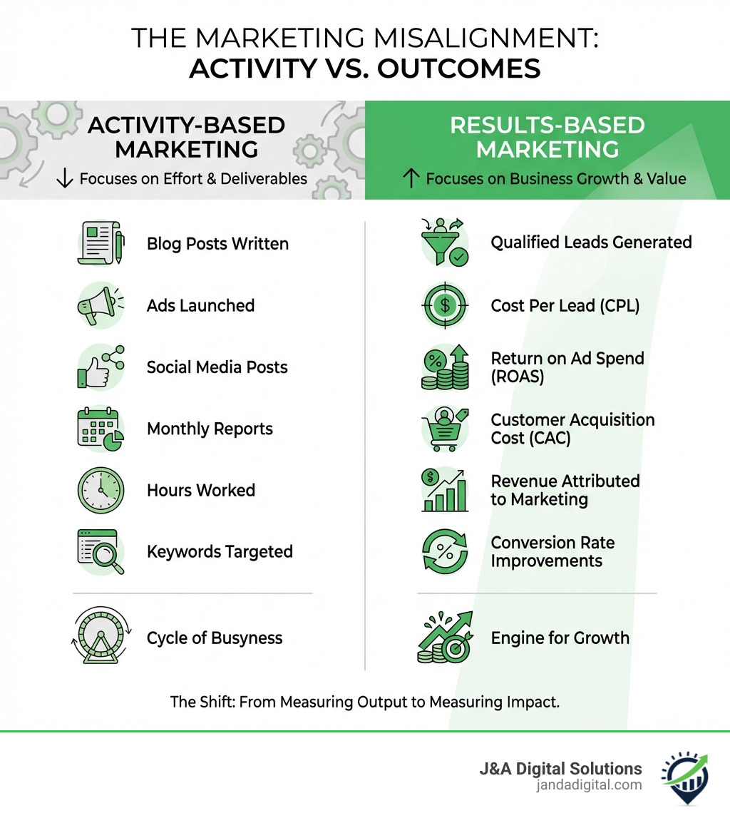 Infographic showing two columns: Activity-Based Marketing (left side) listing deliverables like blog posts written, ads launched, social media posts, monthly reports, hours worked, keywords targeted vs Results-Based Marketing (right side) showing business outcomes like qualified leads generated, cost per lead, return on ad spend, customer acquisition cost, revenue attributed to marketing, and conversion rate improvements - guaranteed marketing results infographic Infographic showing two columns: Activity-Based Marketing (left side) listing deliverables like blog posts written, ads launched, social media posts, monthly reports, hours worked, keywords targeted vs Results-Based Marketing (right side) showing business outcomes like qualified leads generated, cost per lead, return on ad spend, customer acquisition cost, revenue attributed to marketing, and conversion rate improvements - guaranteed marketing results infographic