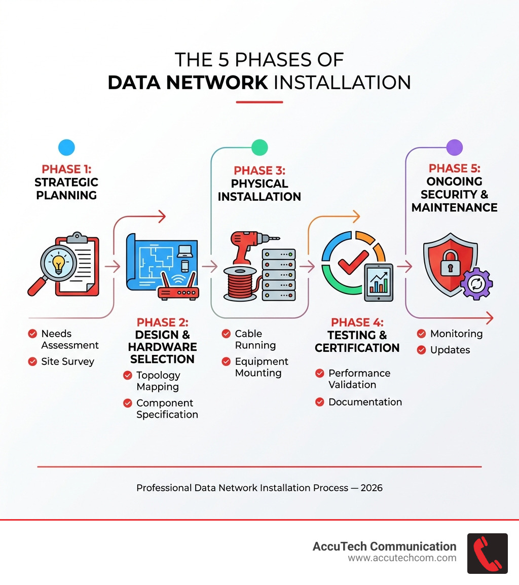 infographic showing the 5 phases of data network installation: Phase 1 Strategic Planning with needs assessment and site survey, Phase 2 Design and Hardware Selection with topology mapping and component specification, Phase 3 Physical Installation with cable running and equipment mounting, Phase 4 Testing and Certification with performance validation and documentation, Phase 5 Ongoing Security and Maintenance with monitoring and updates - Data network installation infographic infographic showing the 5 phases of data network installation: Phase 1 Strategic Planning with needs assessment and site survey, Phase 2 Design and Hardware Selection with topology mapping and component specification, Phase 3 Physical Installation with cable running and equipment mounting, Phase 4 Testing and Certification with performance validation and documentation, Phase 5 Ongoing Security and Maintenance with monitoring and updates - Data network installation infographic