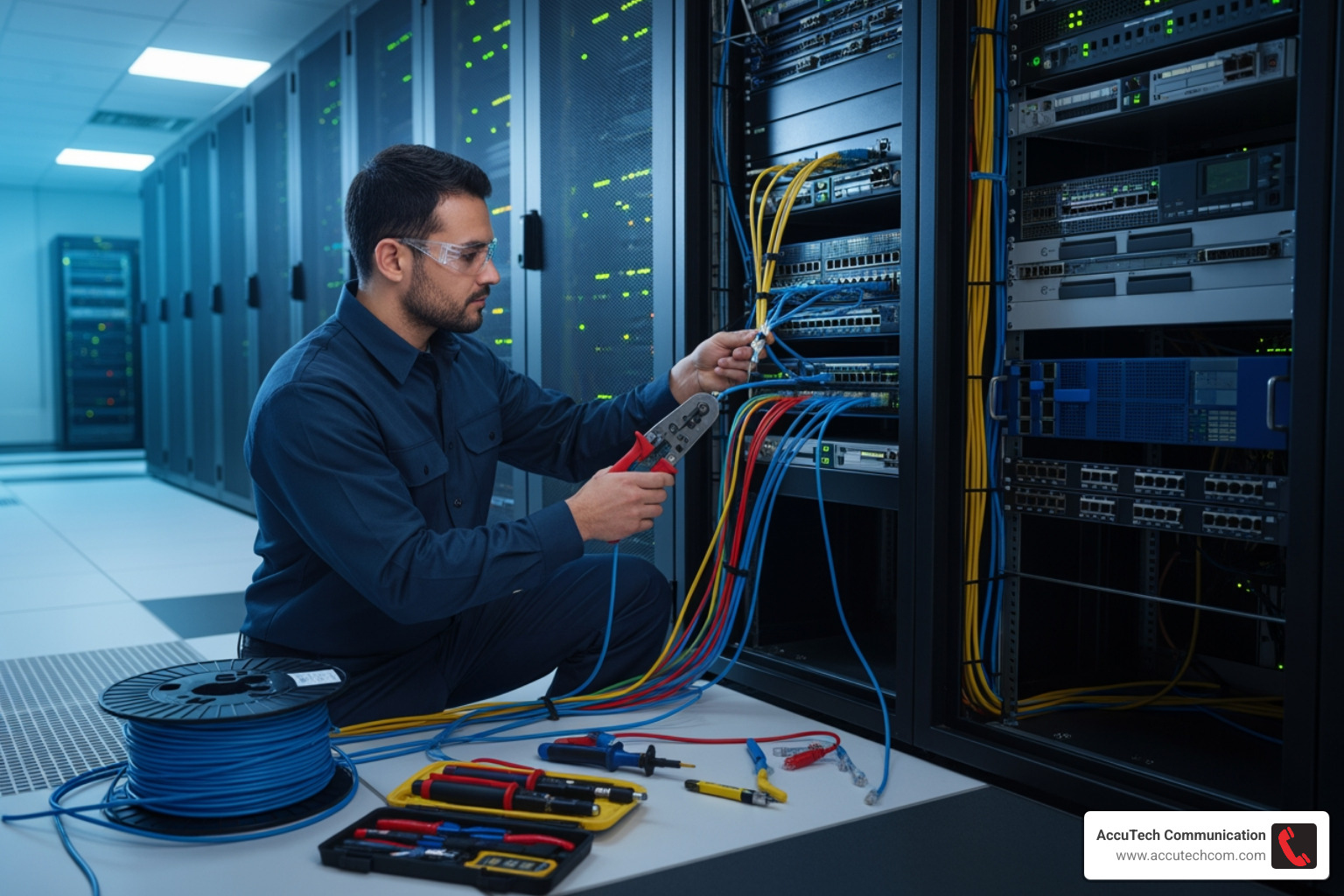 technician terminating ethernet cables at a patch panel - Data network installation technician terminating ethernet cables at a patch panel - Data network installation