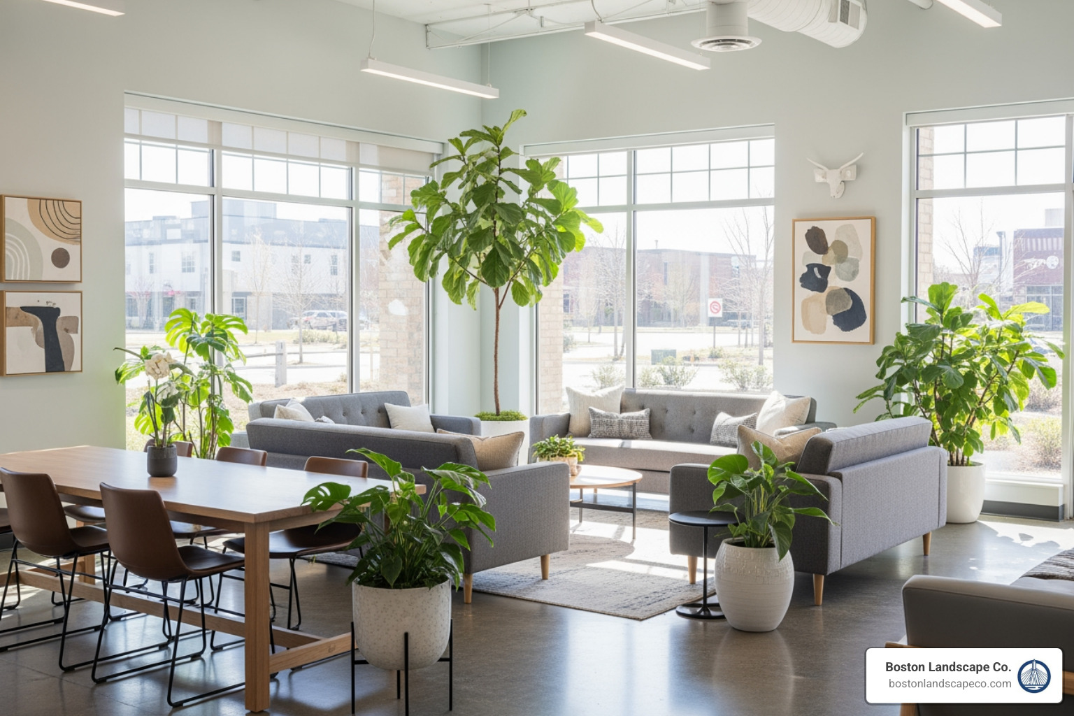A clean, inviting commercial common area with healthy indoor plants in Stoneham, MA - benefits of commercial property maintenance