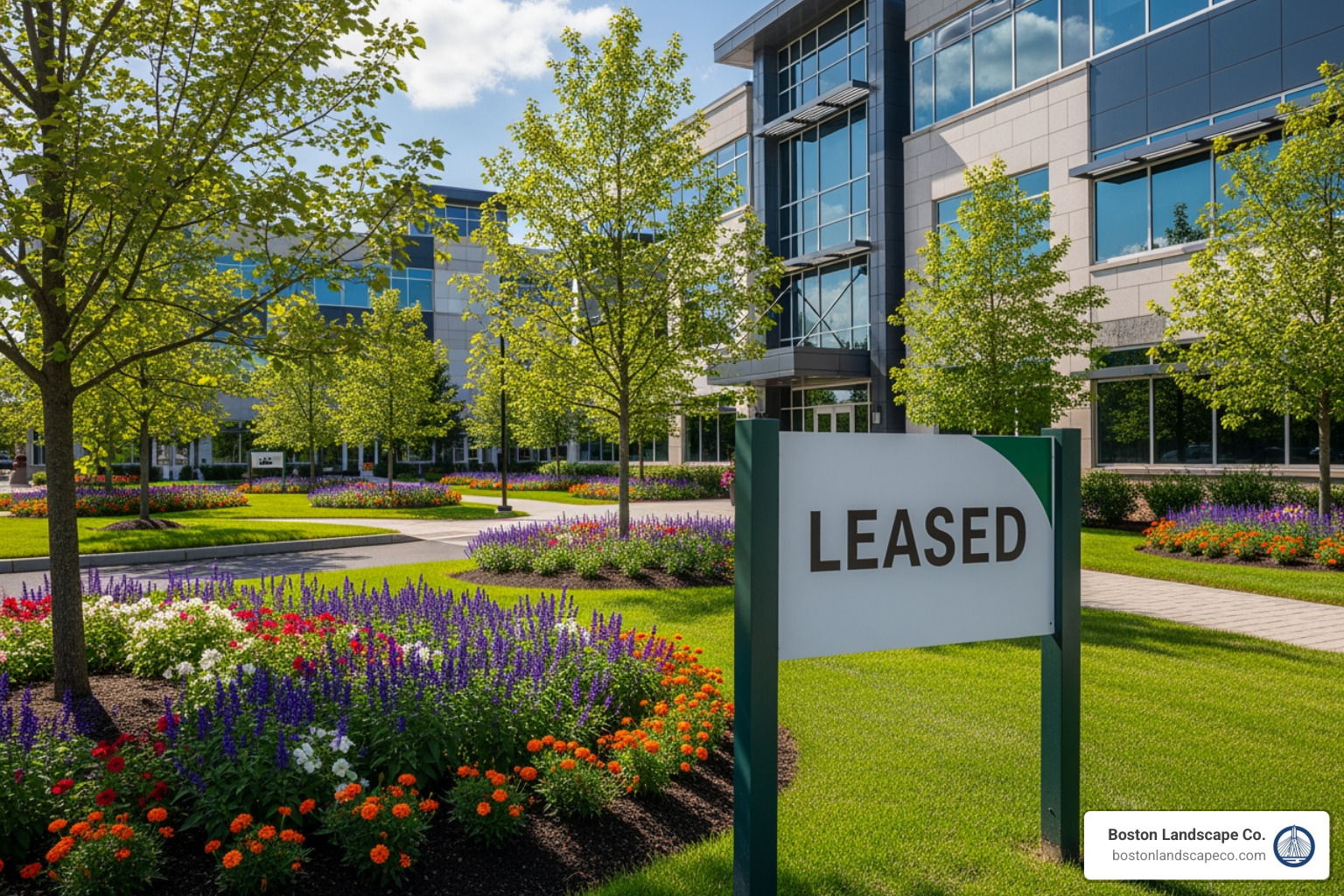 A beautiful commercial landscape with a "Leased" sign in front of an office building in Burlington, MA - benefits of commercial property maintenance