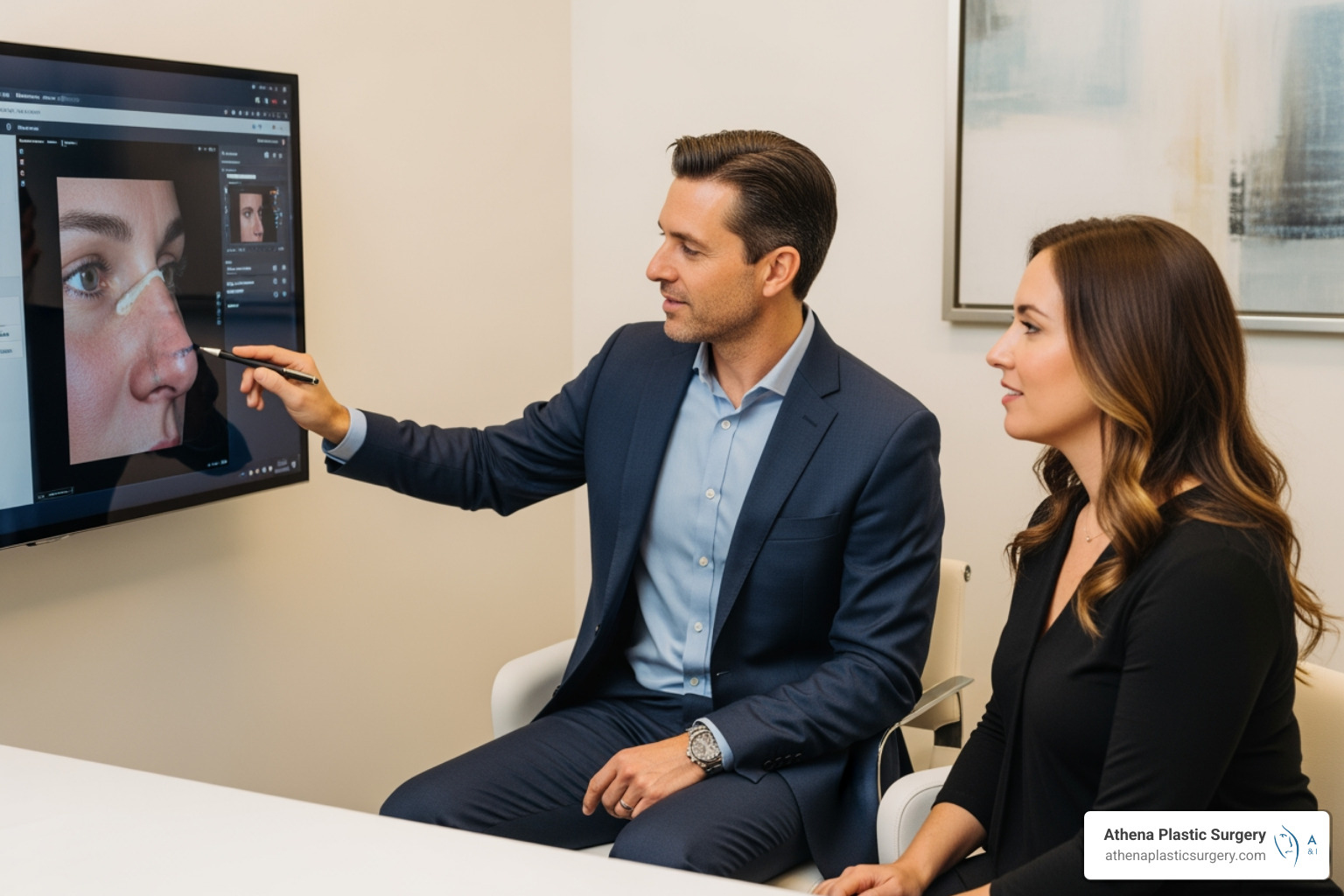 of a surgeon in a consultation with a patient, looking at 3D imaging - natural nose job of a surgeon in a consultation with a patient, looking at 3D imaging - natural nose job