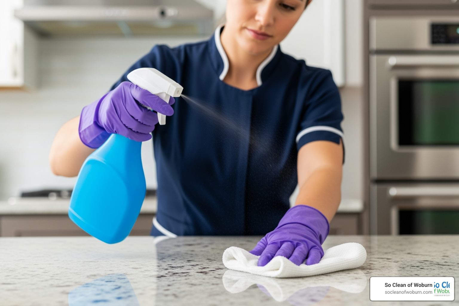 professional maid cleaning kitchen countertop - maids clean