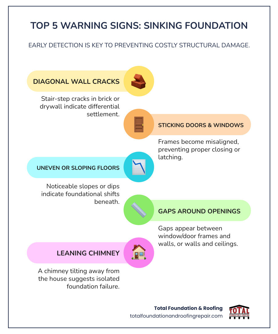 infographic showing the top 5 warning signs of a sinking foundation: diagonal stair-step cracks in brick walls, gaps appearing between window frames and walls, doors that stick or won't latch properly, uneven or sloping floors, and a chimney that appears to be tilting away from the house - fix sinking house infographic infographic-line-5-steps-colors
