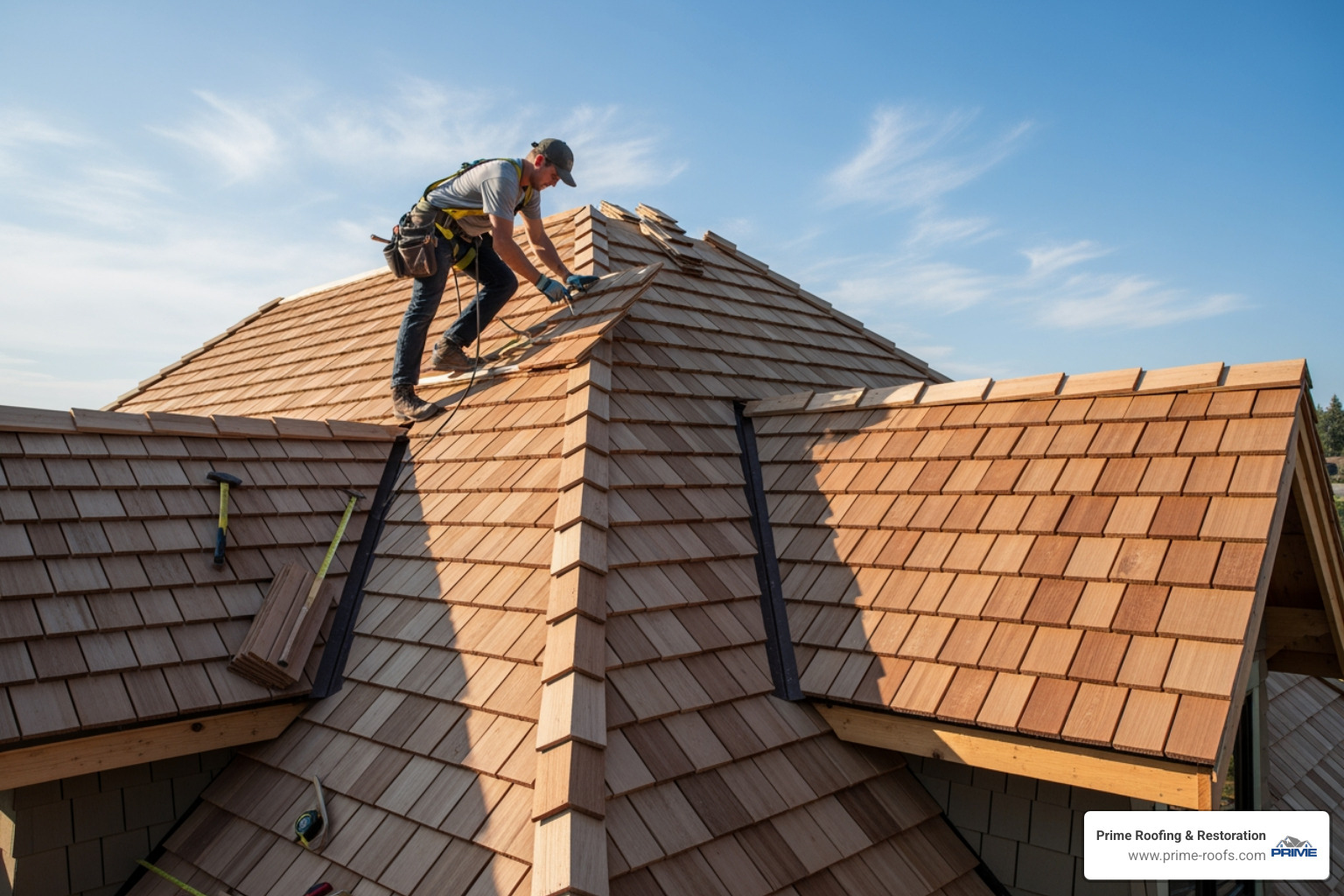 roofer installing cedar shakes on a complex roofline - cedar shake