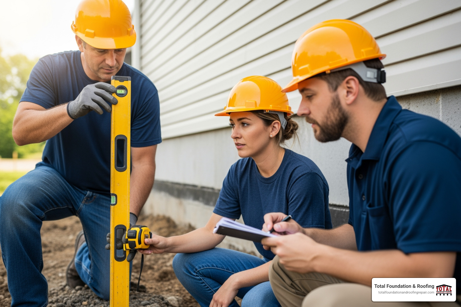 foundation repair team conducting an inspection with measurement tools - fix sinking house