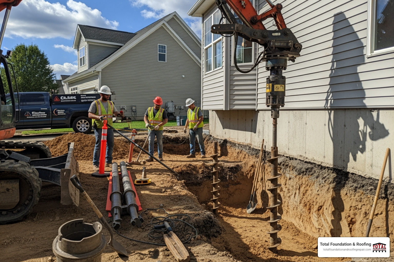 helical piers being installed next to a home's foundation - fix sinking house