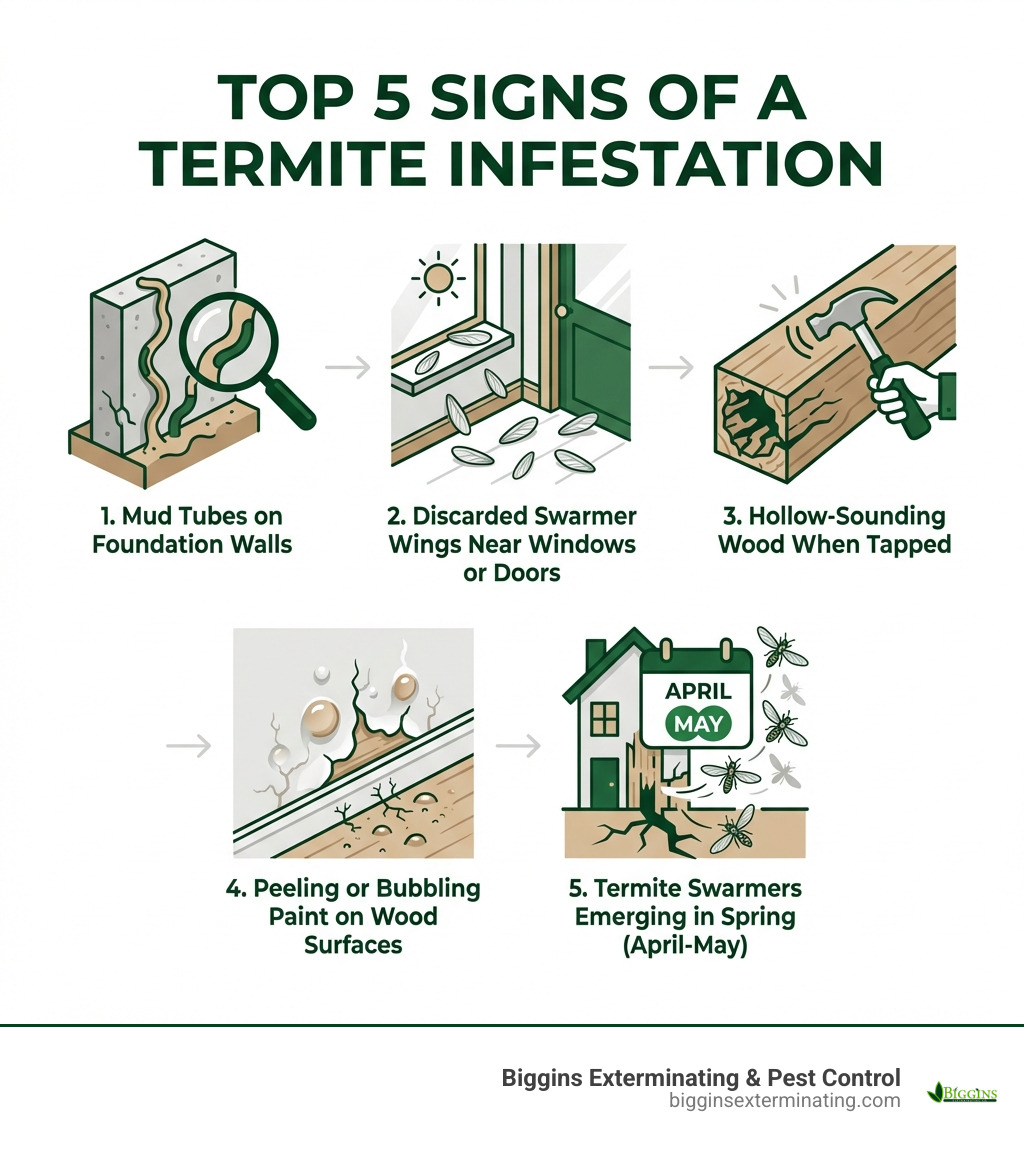 Infographic showing the top 5 signs of a termite infestation: 1. Mud tubes on foundation walls, 2. Discarded swarmer wings near windows or doors, 3. Hollow-sounding wood when tapped, 4. Peeling or bubbling paint on wood surfaces, 5. Termite swarmers emerging in spring (April-May) - termite exterminator Billerica MA infographic 