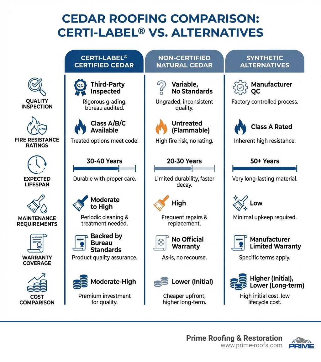 Infographic comparing Certi-Label certified cedar shakes versus non-certified cedar shakes and synthetic alternatives, showing quality inspection process, fire resistance ratings, expected lifespan ranges, maintenance requirements, warranty coverage, and cost comparison - cedar shake infographic 