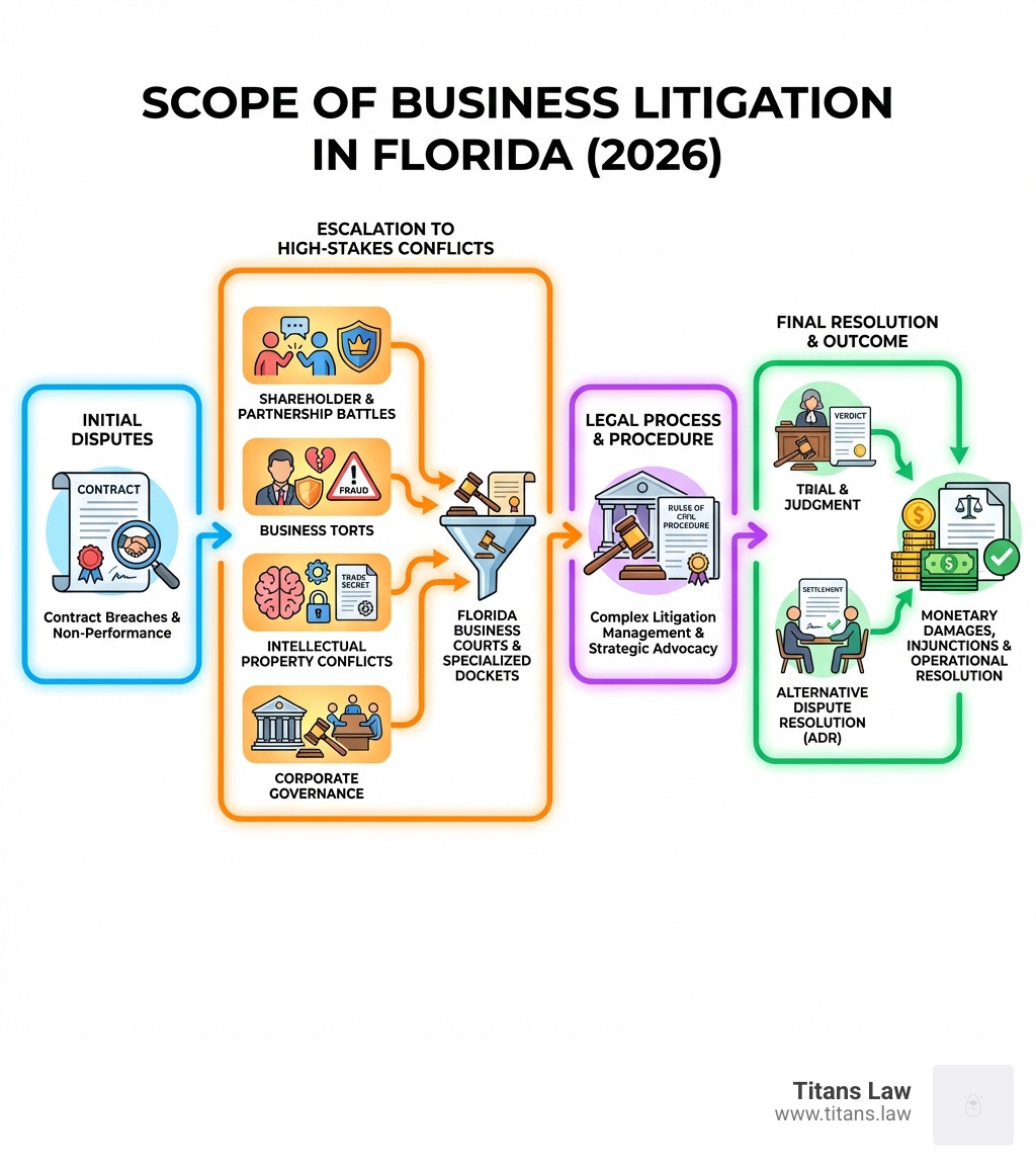 Scope of business litigation in Florida infographic highlighting initial disputes, escalation to high-stakes conflicts, legal process, and final resolutions, featuring icons for contracts, business torts, corporate governance, and trial outcomes, branded with Titans Law logo.