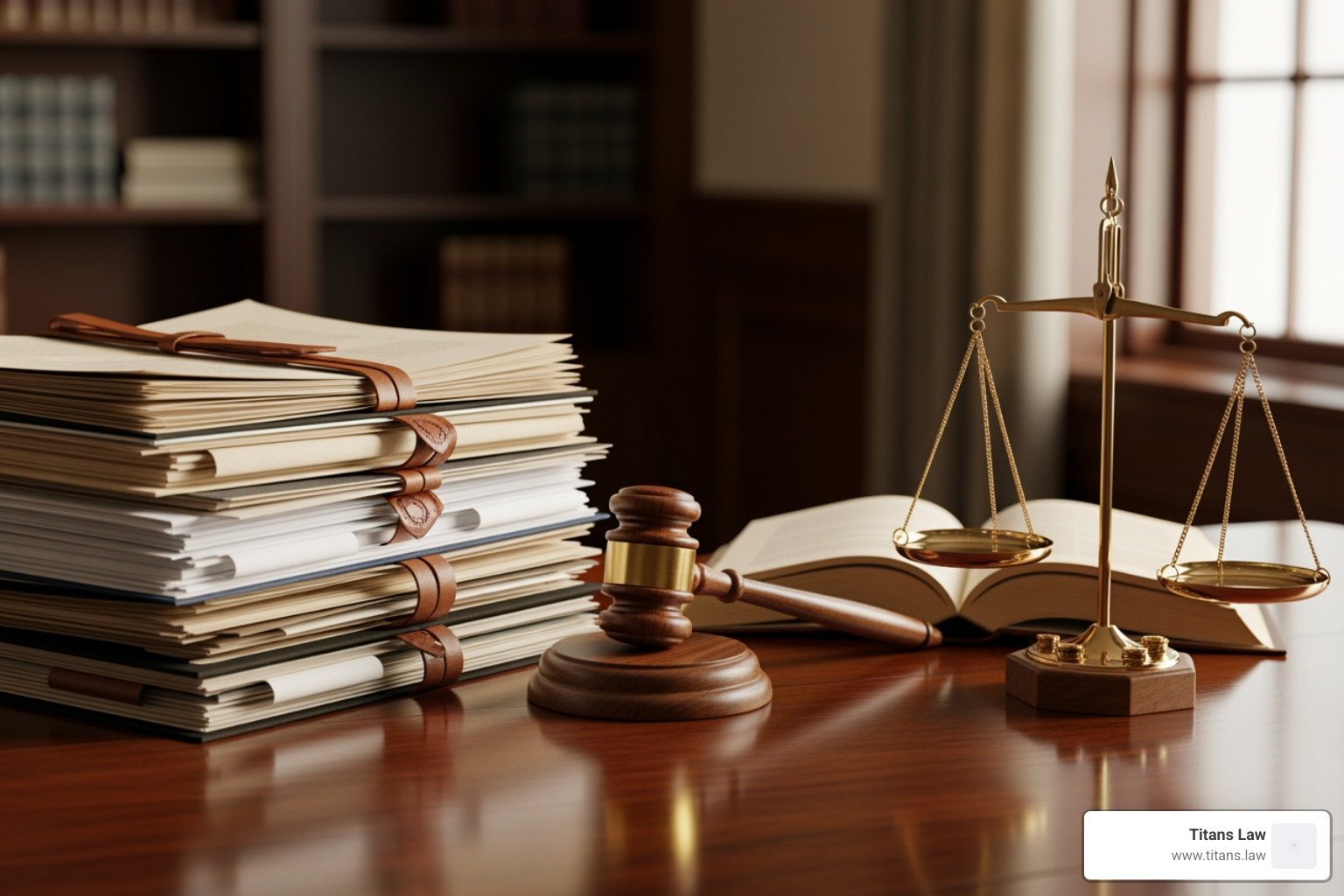 Stacks of legal documents and a wooden gavel beside a brass balance scale on a polished table, symbolizing business litigation and legal advocacy in Florida, associated with Titans Law.
