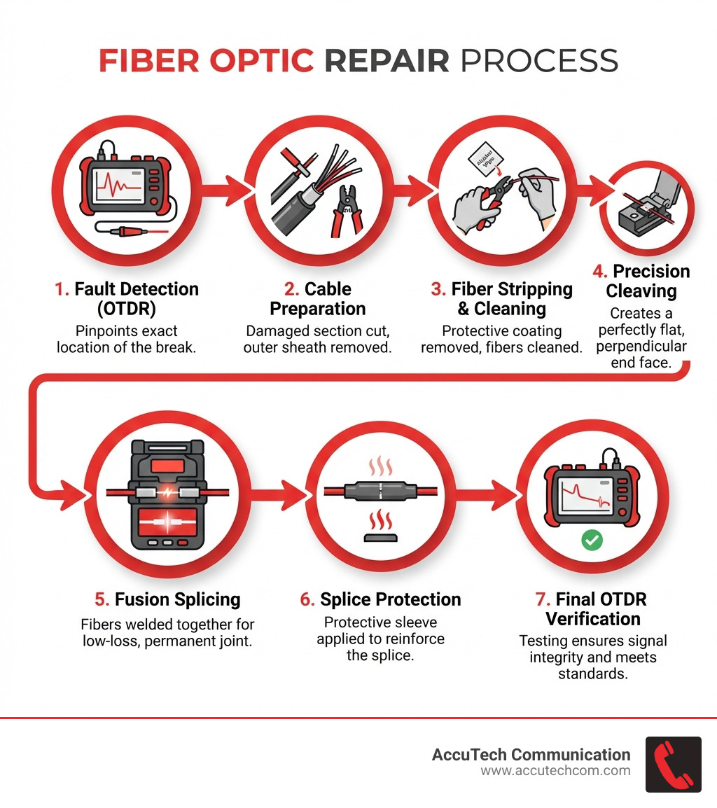 infographic showing the step-by-step fiber optic repair process from fault detection with OTDR through cable preparation, fiber stripping and cleaning, precision cleaving, fusion splicing, splice protection, and final OTDR verification testing - Fiber optic repair infographic infographic showing the step-by-step fiber optic repair process from fault detection with OTDR through cable preparation, fiber stripping and cleaning, precision cleaving, fusion splicing, splice protection, and final OTDR verification testing - Fiber optic repair infographic