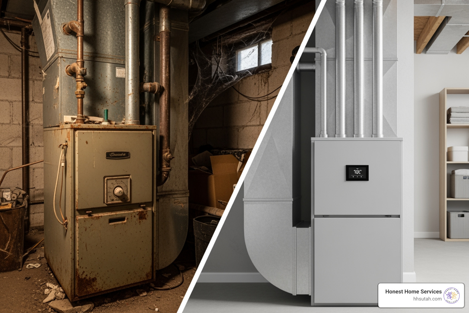 of a split-screen showing an old furnace and a new, modern one - affordable heating repair of a split-screen showing an old furnace and a new, modern one - affordable heating repair