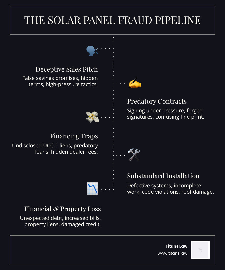 Infographic showing the solar panel fraud pipeline: Deceptive sales pitch with false savings promises and hidden terms, leads to contract signing under pressure or forged signatures, followed by predatory loan origination with undisclosed UCC-1 liens, then defective or incomplete installation with code violations, resulting in financial loss through unexpected debt and increased energy costs, and finally property encumbrance with liens blocking refinancing or sale - solar panel fraud lawyer infographic infographic-line-5-steps-dark Diagram illustrating the solar panel fraud pipeline, highlighting deceptive sales pitches, predatory contracts, financing traps, substandard installation, and resulting financial and property loss, with branding for Titans Law.