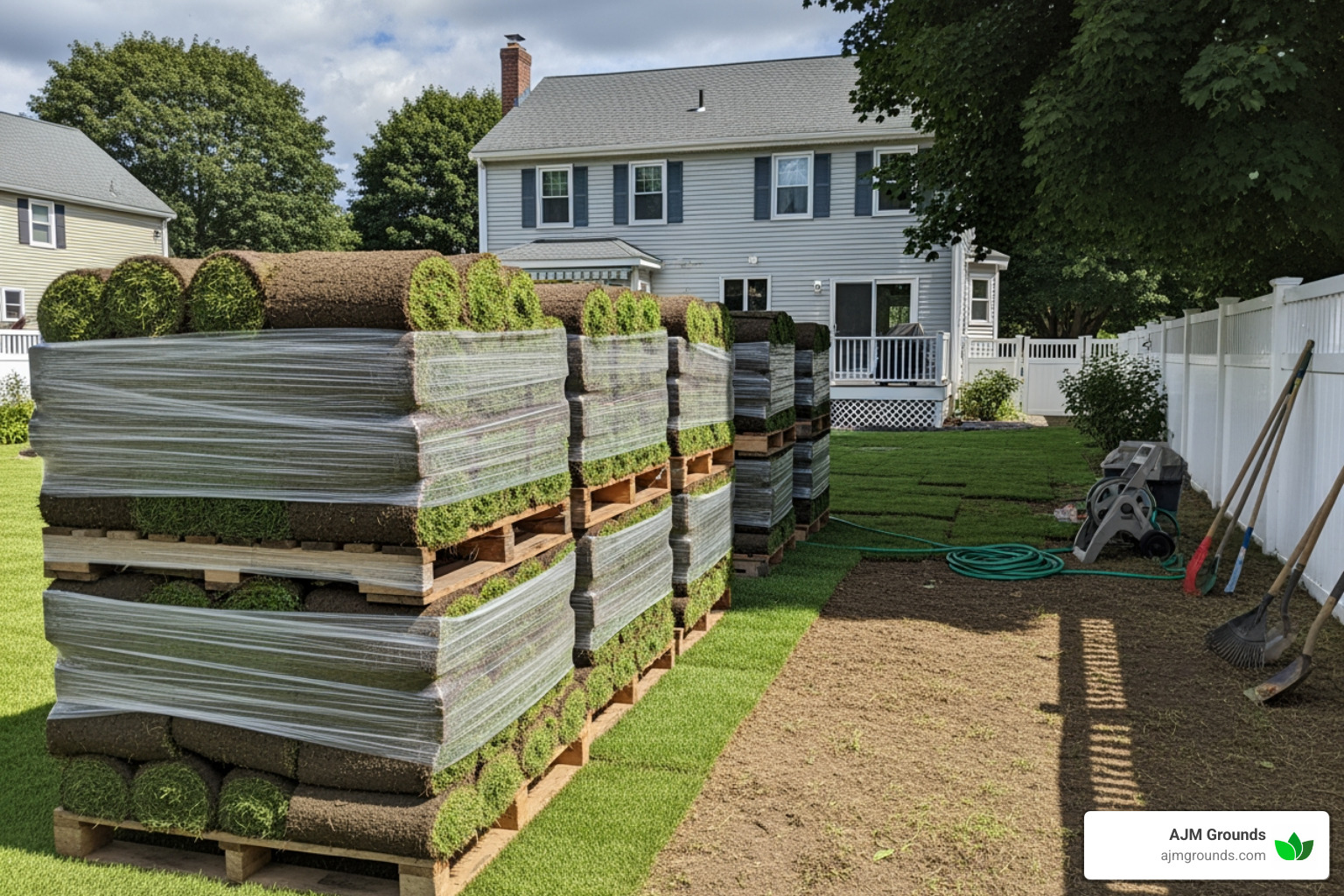 sod pallets ready for installation at a Woburn, MA home - grass installation cost sod pallets ready for installation at a Woburn, MA home - grass installation cost
