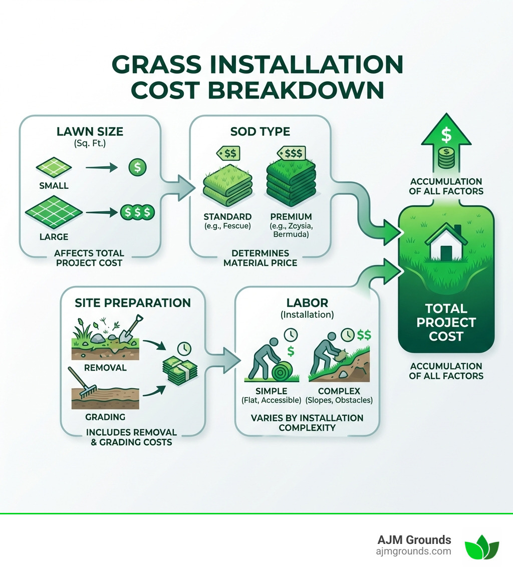 infographic showing grass installation cost breakdown: lawn size affects total project cost, sod type determines material price per square foot, site preparation includes removal and grading costs, and labor varies by installation complexity - grass installation cost infographic infographic showing grass installation cost breakdown: lawn size affects total project cost, sod type determines material price per square foot, site preparation includes removal and grading costs, and labor varies by installation complexity - grass installation cost infographic