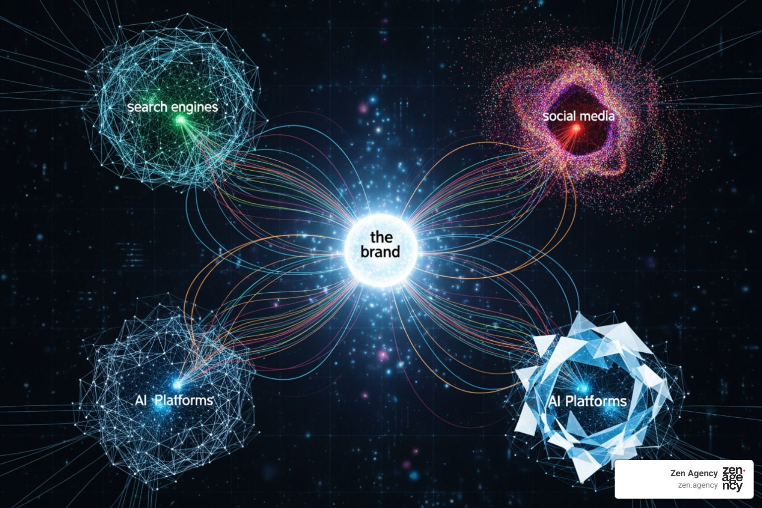 complex web diagram connecting search engines, social media, AI, and a central brand - Digital visibility solutions complex web diagram connecting search engines, social media, AI, and a central brand - Digital visibility solutions