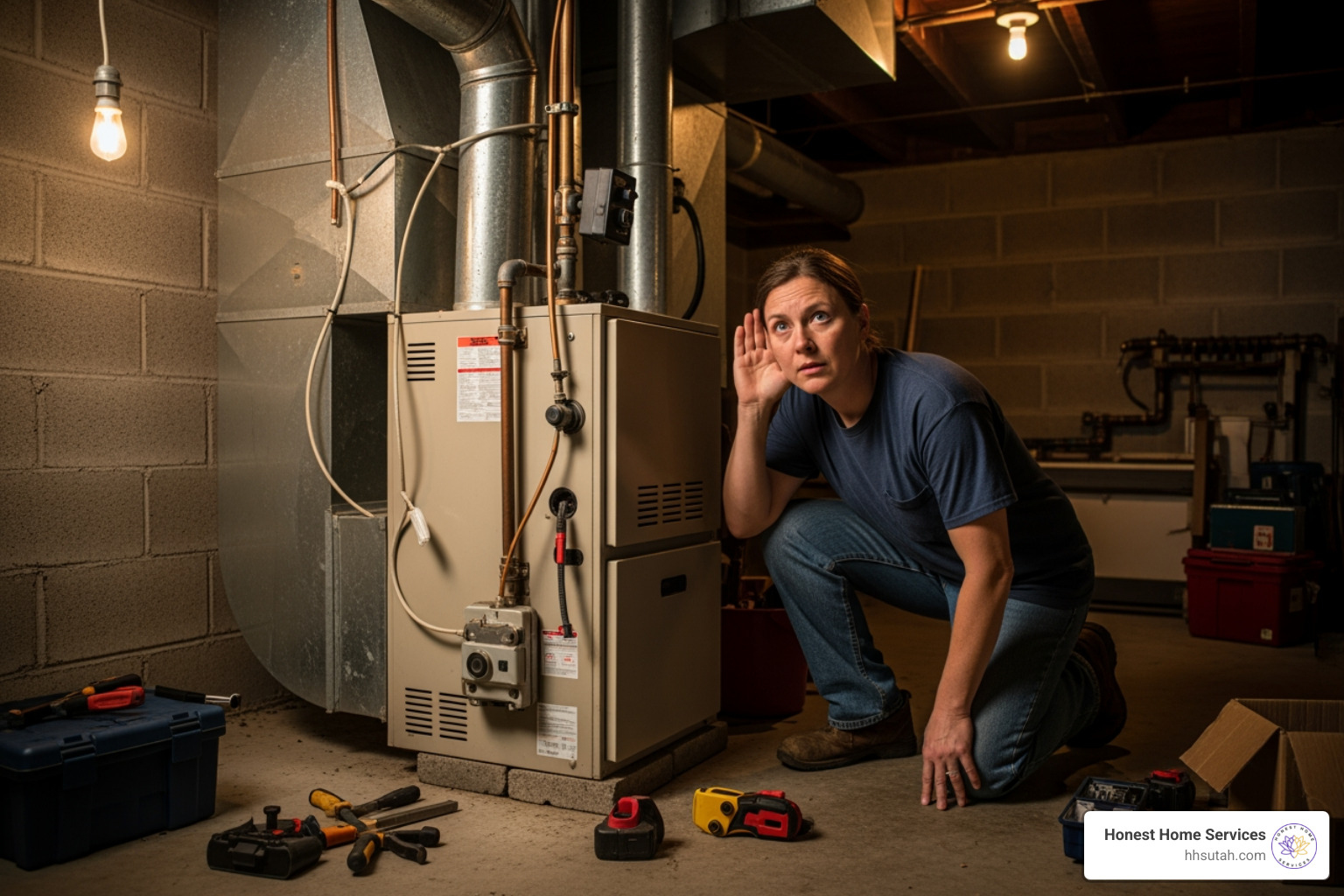 of a homeowner listening to a noisy furnace - affordable heating repair of a homeowner listening to a noisy furnace - affordable heating repair