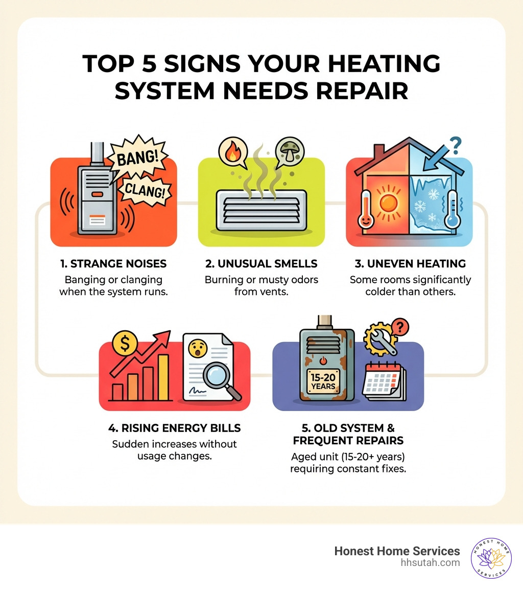 Infographic showing the top 5 signs your heating system needs repair: 1. Strange noises like banging or clanging when the system runs, 2. Unusual burning or musty smells from vents, 3. Some rooms significantly colder than others, 4. Sudden increases in energy bills without usage changes, 5. System is 15-20 years old and requiring frequent repairs - affordable heating repair infographic Infographic showing the top 5 signs your heating system needs repair: 1. Strange noises like banging or clanging when the system runs, 2. Unusual burning or musty smells from vents, 3. Some rooms significantly colder than others, 4. Sudden increases in energy bills without usage changes, 5. System is 15-20 years old and requiring frequent repairs - affordable heating repair infographic
