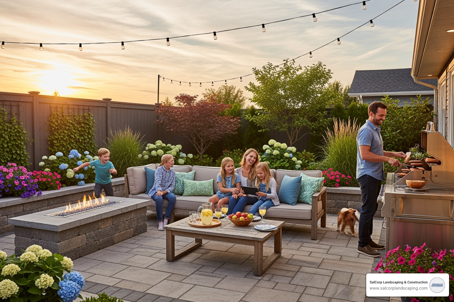 A family enjoying a newly built outdoor living area - backyard contractors