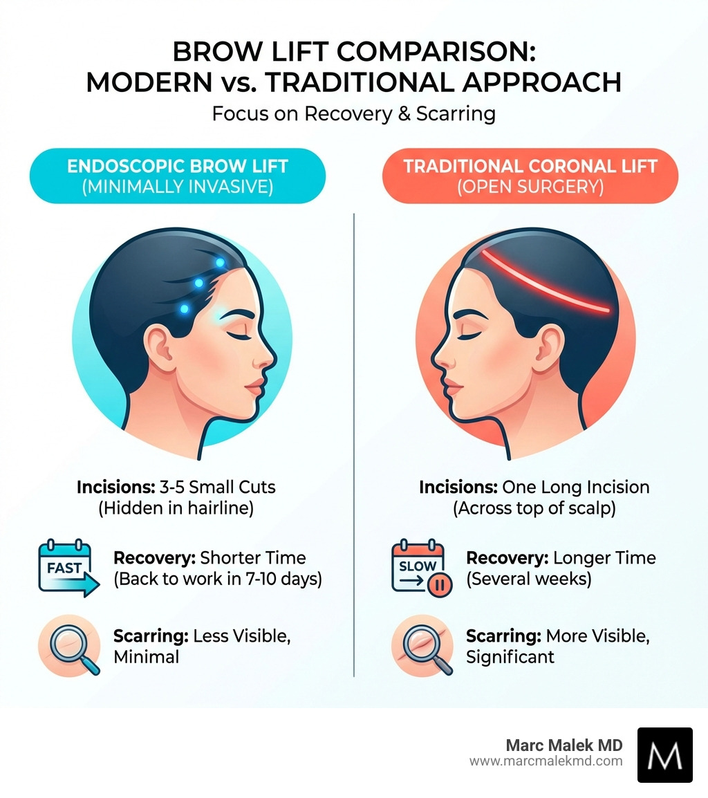 infographic comparing endoscopic brow lift with 3-5 small incisions hidden in hairline versus traditional coronal brow lift with one long incision across the top of the head, showing shorter recovery time and less scarring for endoscopic approach - endoscopic browlift infographic infographic comparing endoscopic brow lift with 3-5 small incisions hidden in hairline versus traditional coronal brow lift with one long incision across the top of the head, showing shorter recovery time and less scarring for endoscopic approach - endoscopic browlift infographic