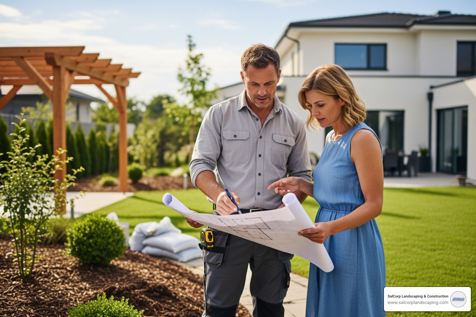A contractor discussing a blueprint with a homeowner in their backyard - backyard contractors