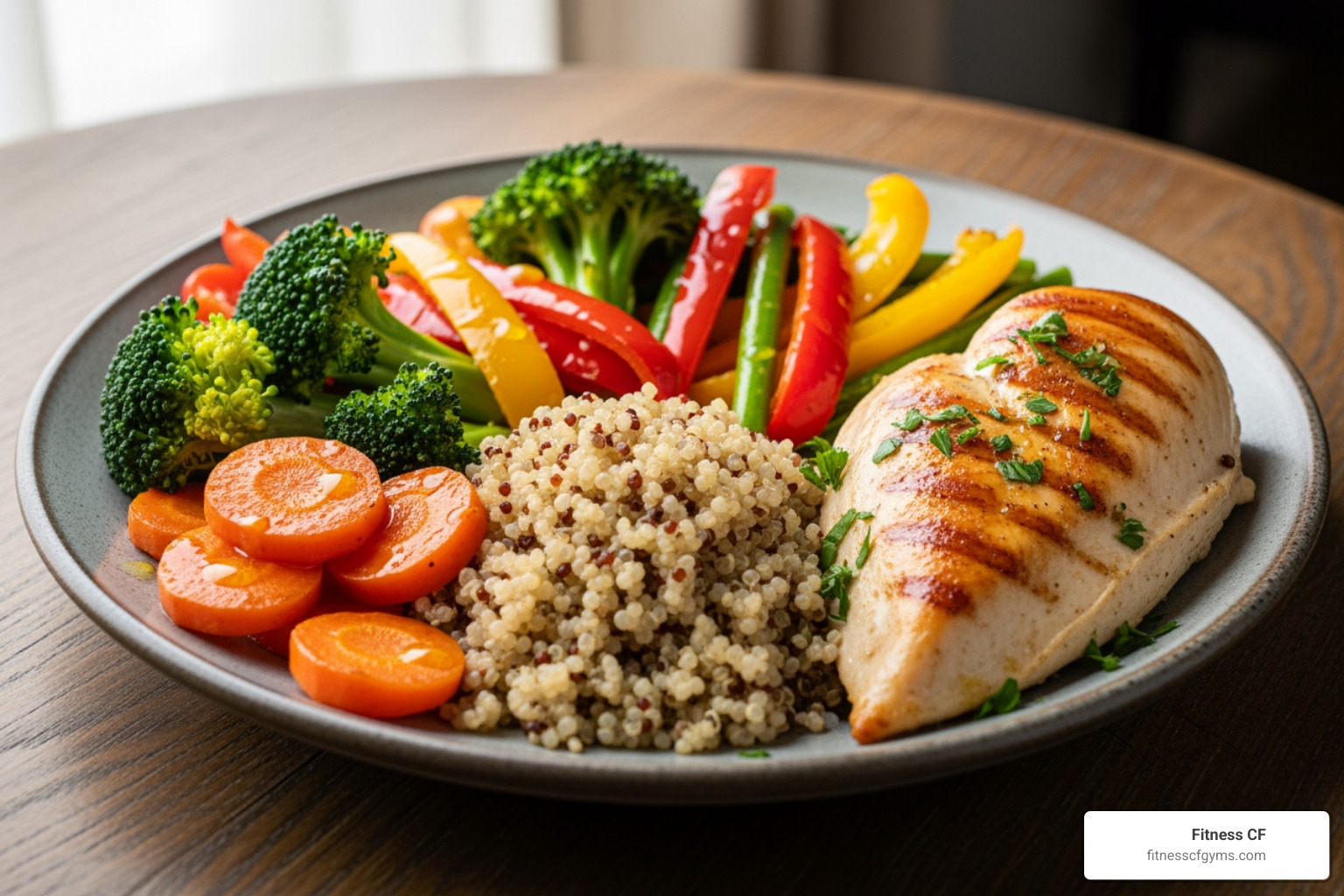 a healthy post-run meal like grilled chicken, quinoa, and roasted vegetables - best recovery after running