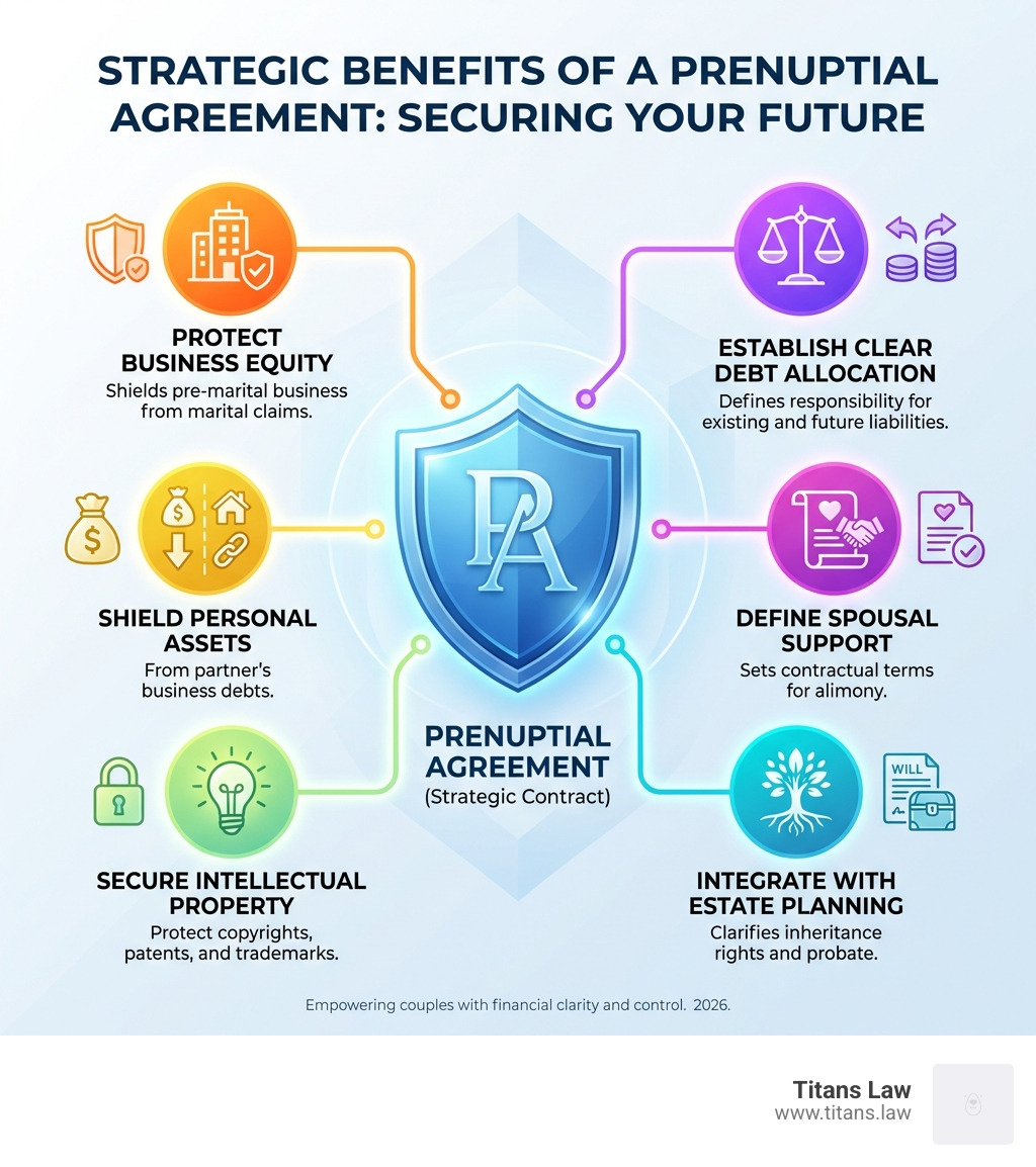 Strategic benefits of a prenuptial agreement infographic highlighting asset protection, debt allocation, and estate planning, featuring a shield with "PA" logo and icons for business equity, personal assets, intellectual property, spousal support, and legal clarity.