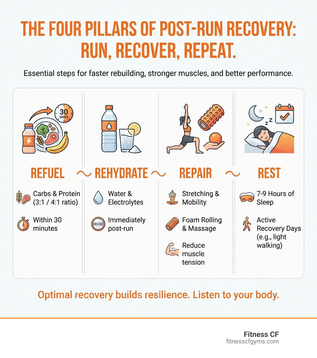 detailed infographic showing the four pillars of post-run recovery: Refuel with carbs and protein within 30 minutes, Rehydrate with water and electrolytes, Repair muscles through stretching foam rolling and massage, Rest with 7-9 hours of sleep and active recovery days - best recovery after running infographic 