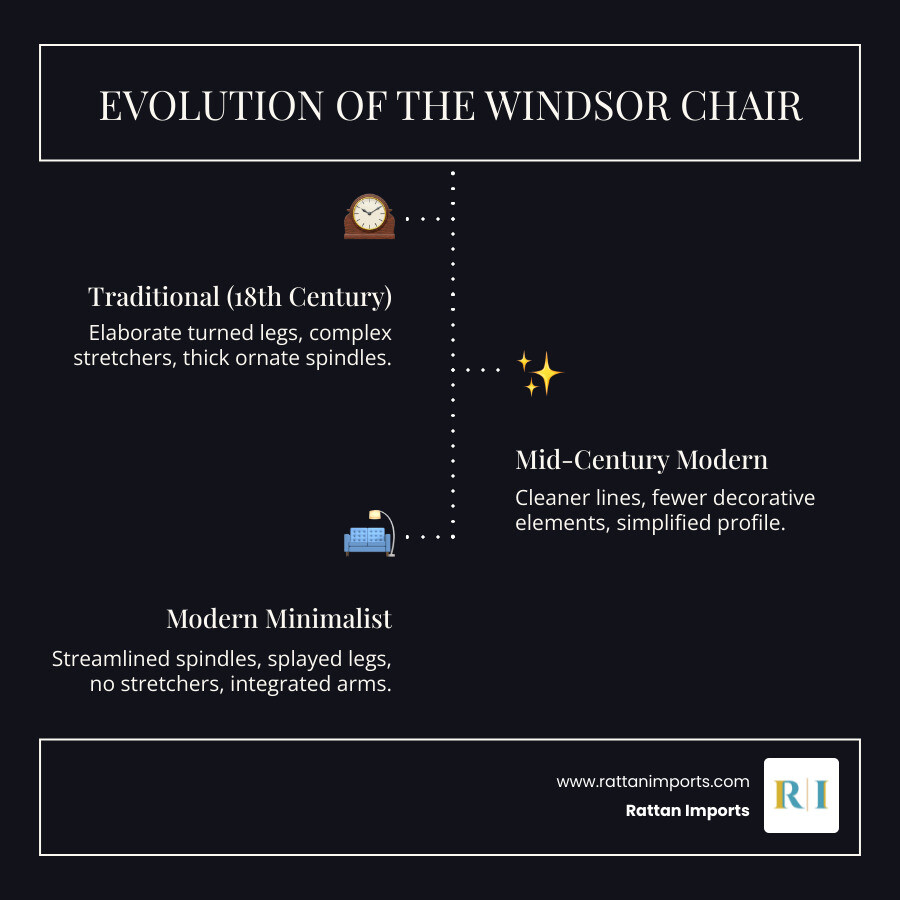 infographic showing the evolution of Windsor chairs from 18th century traditional design with heavy turnings, ornate spindles, and complex stretchers, transitioning through mid-century simplification with cleaner lines and fewer decorative elements, to modern minimalist interpretation with streamlined spindles, splayed legs, no stretchers, and integrated arms in natural wood or monochromatic finishes - modern windsor chair with arms infographic infographic-line-3-steps-dark infographic showing the evolution of Windsor chairs from 18th century traditional design with heavy turnings, ornate spindles, and complex stretchers, transitioning through mid-century simplification with cleaner lines and fewer decorative elements, to modern minimalist interpretation with streamlined spindles, splayed legs, no stretchers, and integrated arms in natural wood or monochromatic finishes - modern windsor chair with arms infographic infographic-line-3-steps-dark