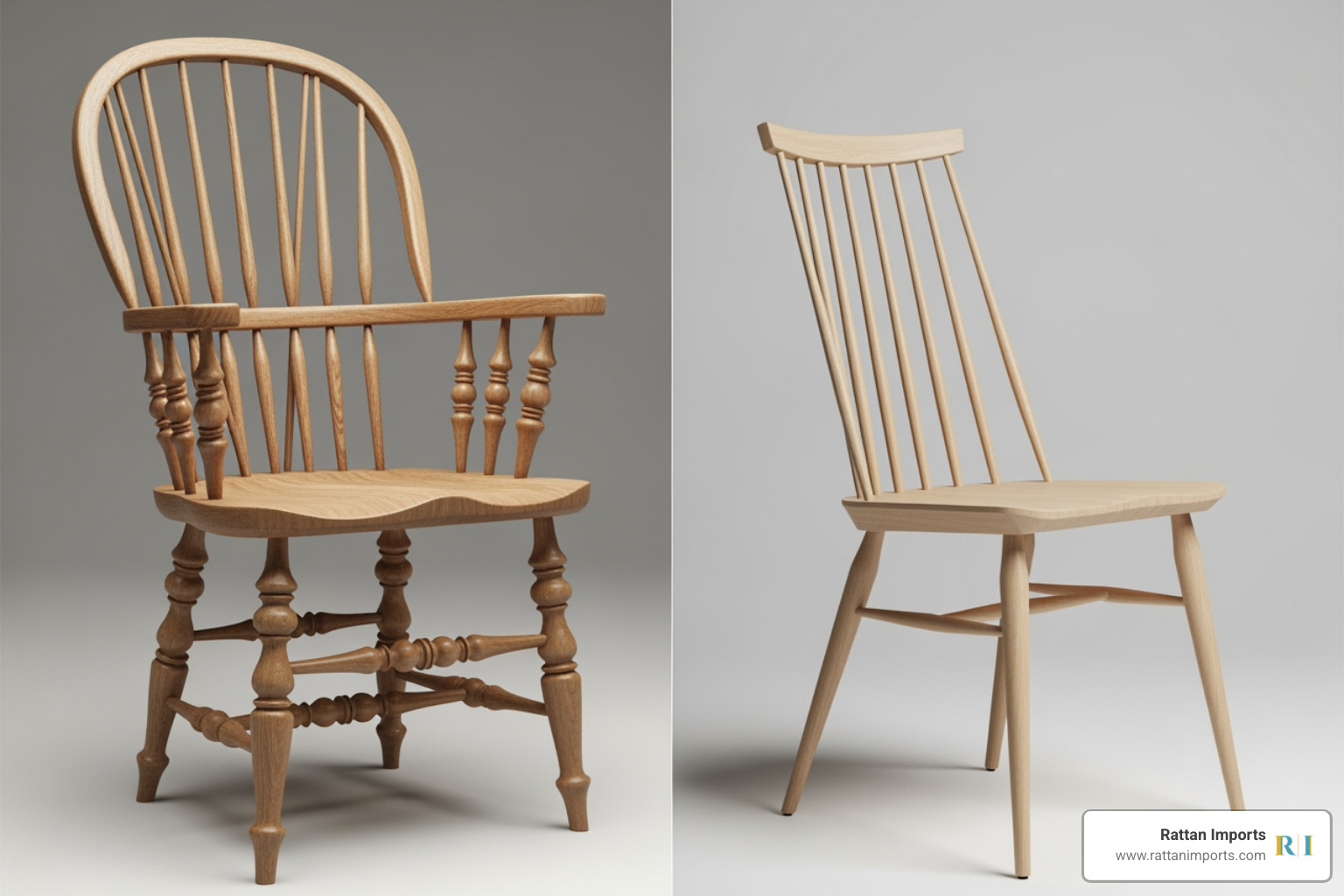 side-by-side comparison showing a traditional Windsor chair with heavy turnings and a modern Windsor chair with clean lines. - modern windsor chair with arms side-by-side comparison showing a traditional Windsor chair with heavy turnings and a modern Windsor chair with clean lines. - modern windsor chair with arms