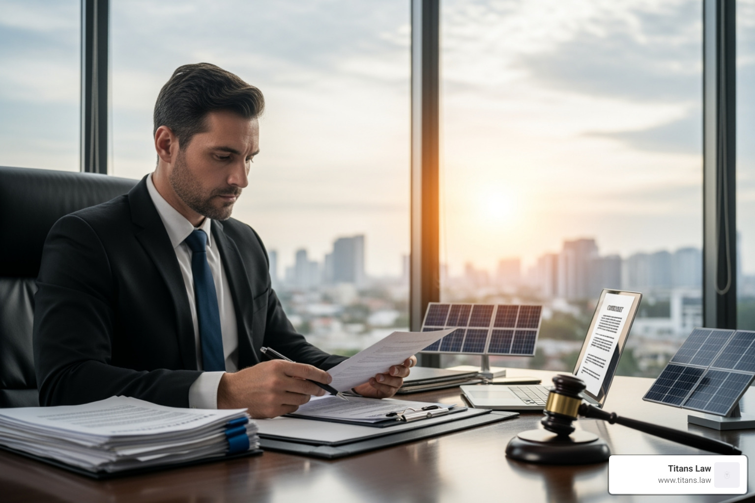 UCC-1 lien document - solar panel fraud lawyer Businessman reviewing legal documents related to solar panel fraud, with solar panels and a gavel on the desk, against a city skyline backdrop.