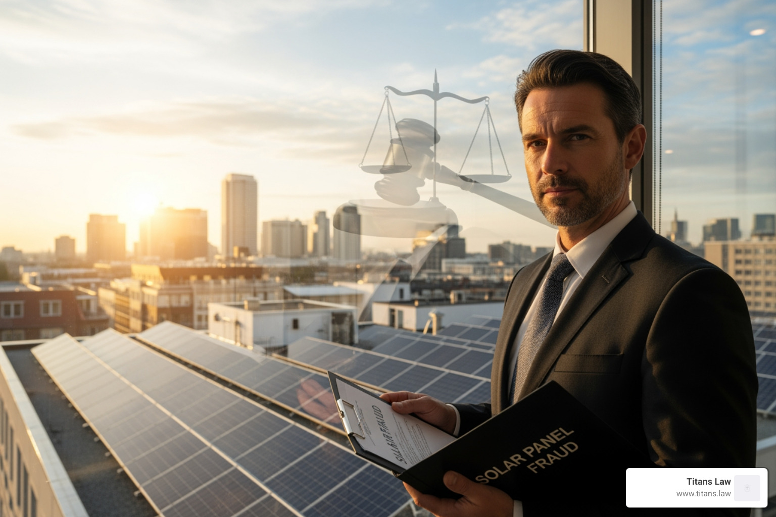 deceptive solar contract - solar panel fraud lawyer Man in suit holding a clipboard labeled "Solar Panel Fraud" with solar panels and city skyline in the background, symbolizing legal representation against solar panel fraud.