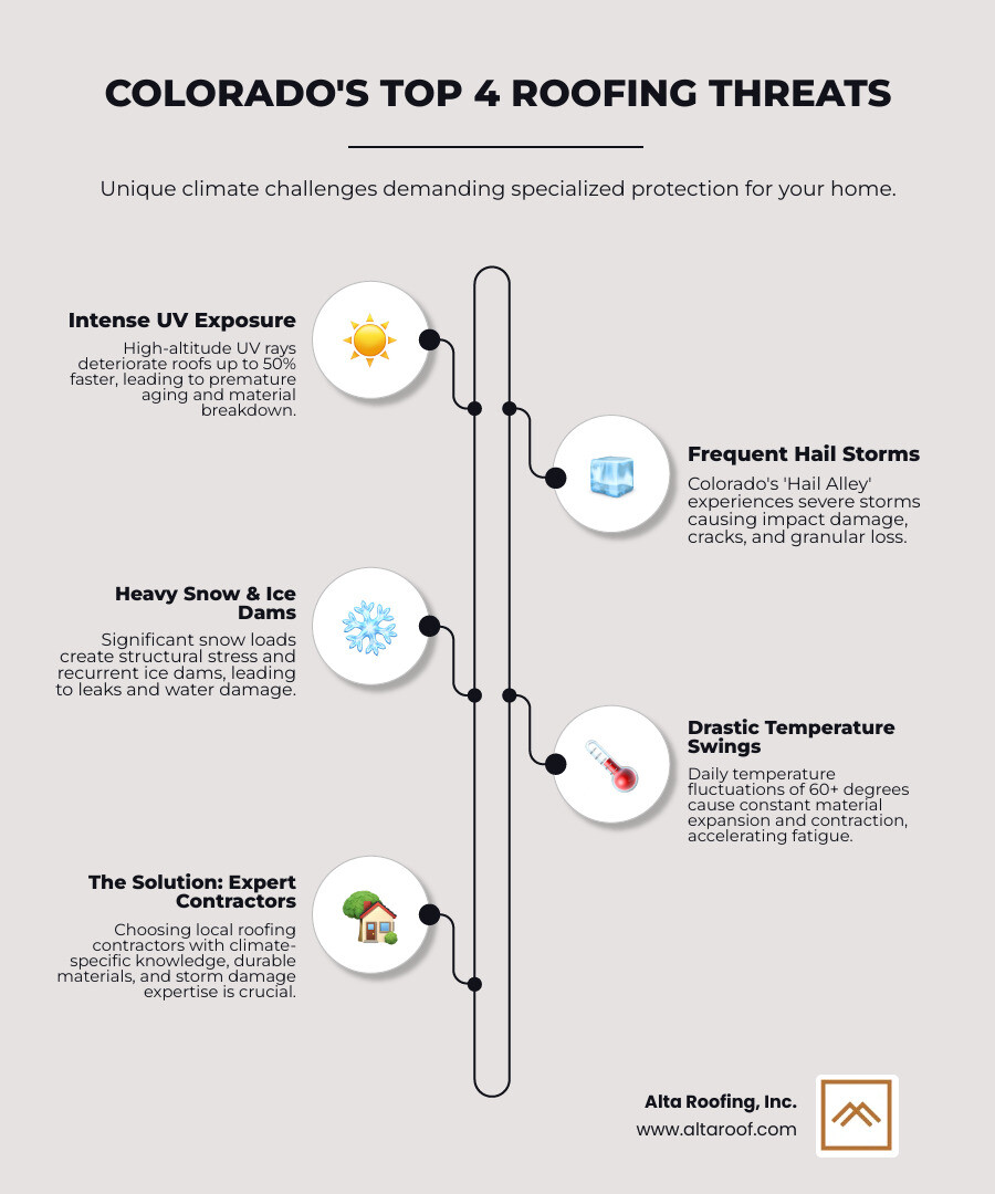 Infographic showing Colorado's top four roofing threats: Intense UV radiation accelerating deterioration by 50%, hail storms causing impact damage, heavy snow creating structural stress and ice dams, and temperature swings of 60+ degrees causing expansion and contraction - roofing contractors Colorado infographic infographic-line-5-steps-elegant_beige
