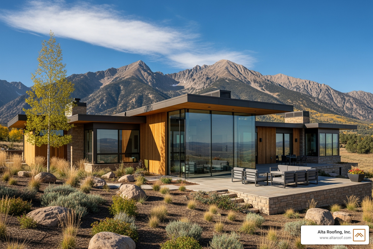 Colorado home with mountain backdrop - roofing contractors Colorado