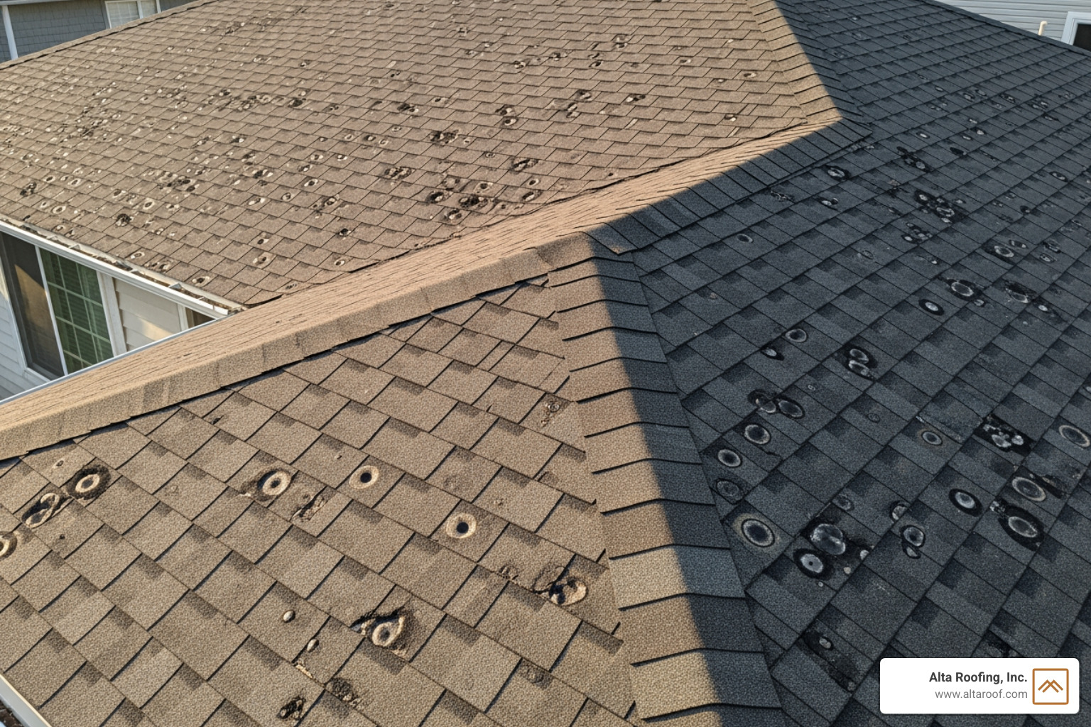 Hail damage on an asphalt shingle roof - roofing contractors Colorado