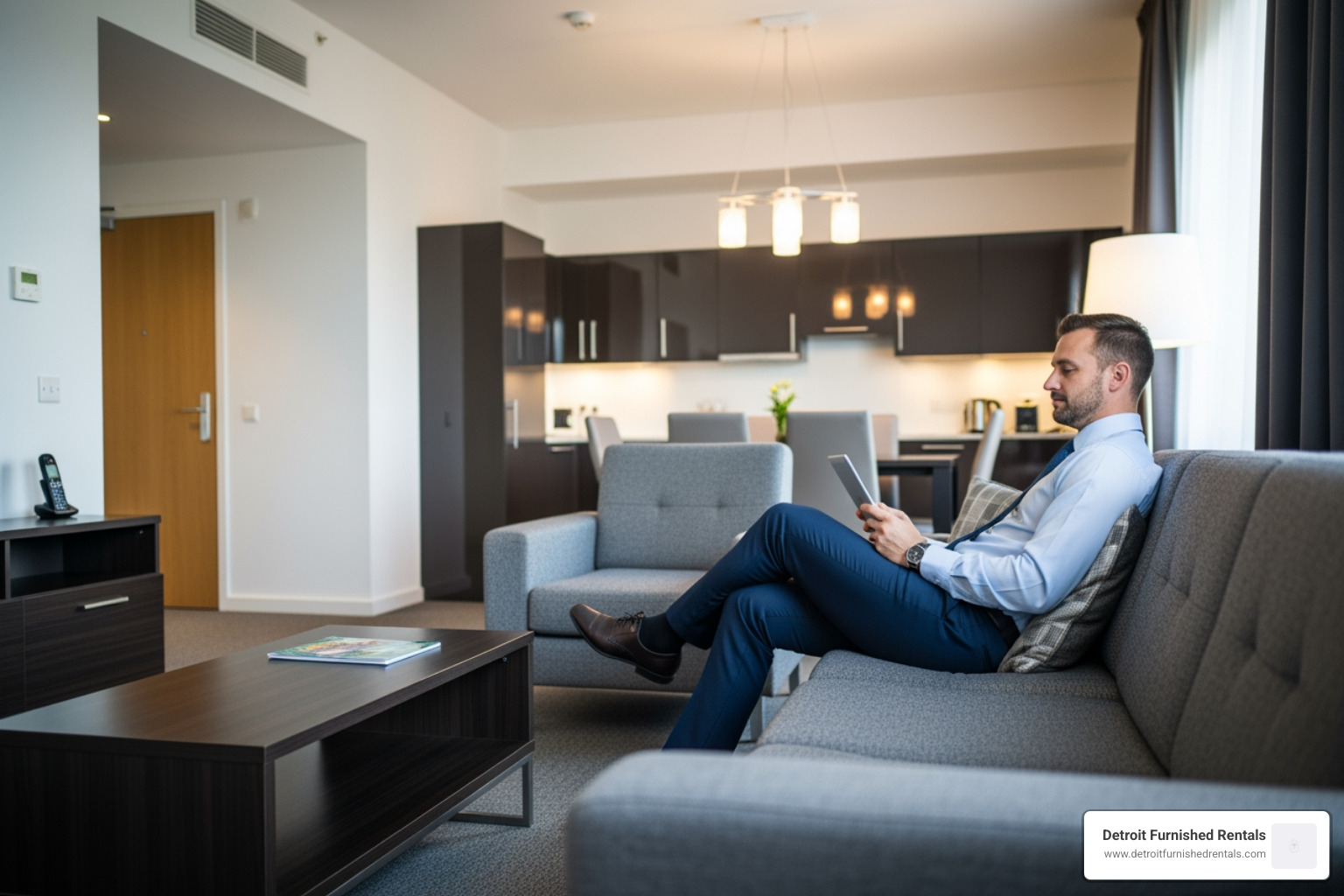 business traveler relaxing on a couch in their apartment after work - corporate serviced apartments