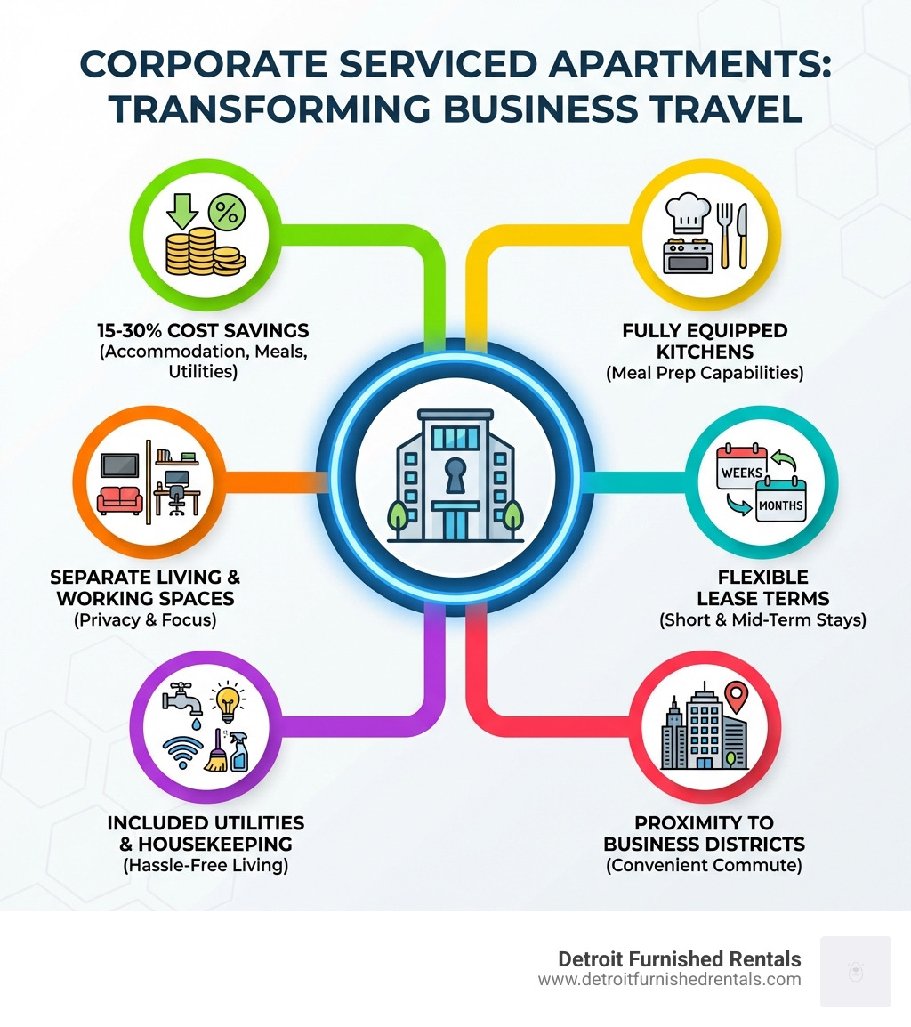 infographic showing corporate serviced apartments advantages including 15-30% cost savings, fully equipped kitchens with meal prep capabilities, separate living and working spaces, flexible lease terms from weeks to months, included utilities and housekeeping, and proximity to business districts - corporate serviced apartments infographic 