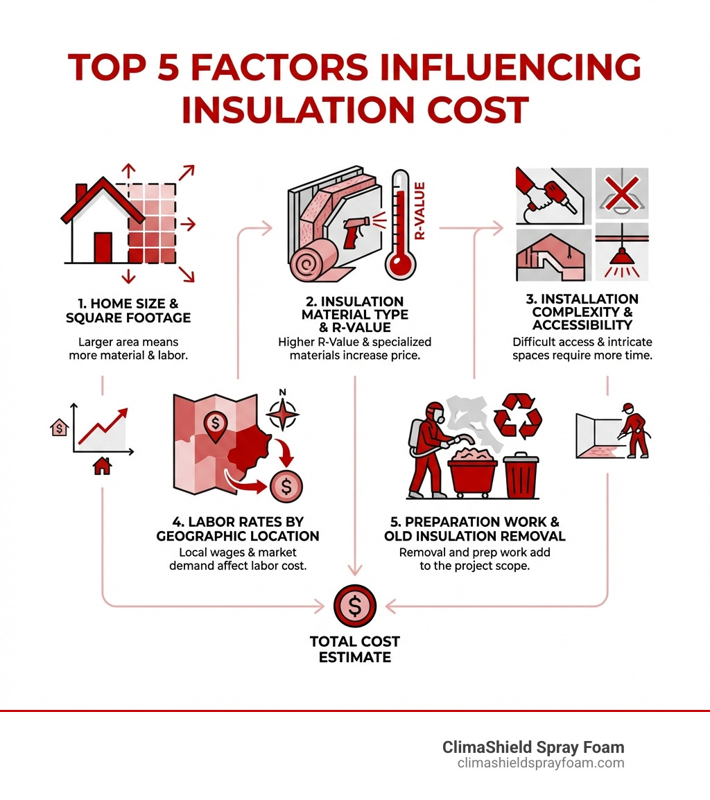 Infographic showing the top 5 factors that influence insulation cost: home size and square footage, insulation material type and R-value, installation complexity and accessibility, labor rates by geographic location, and preparation work including old insulation removal - average insulation cost infographic 