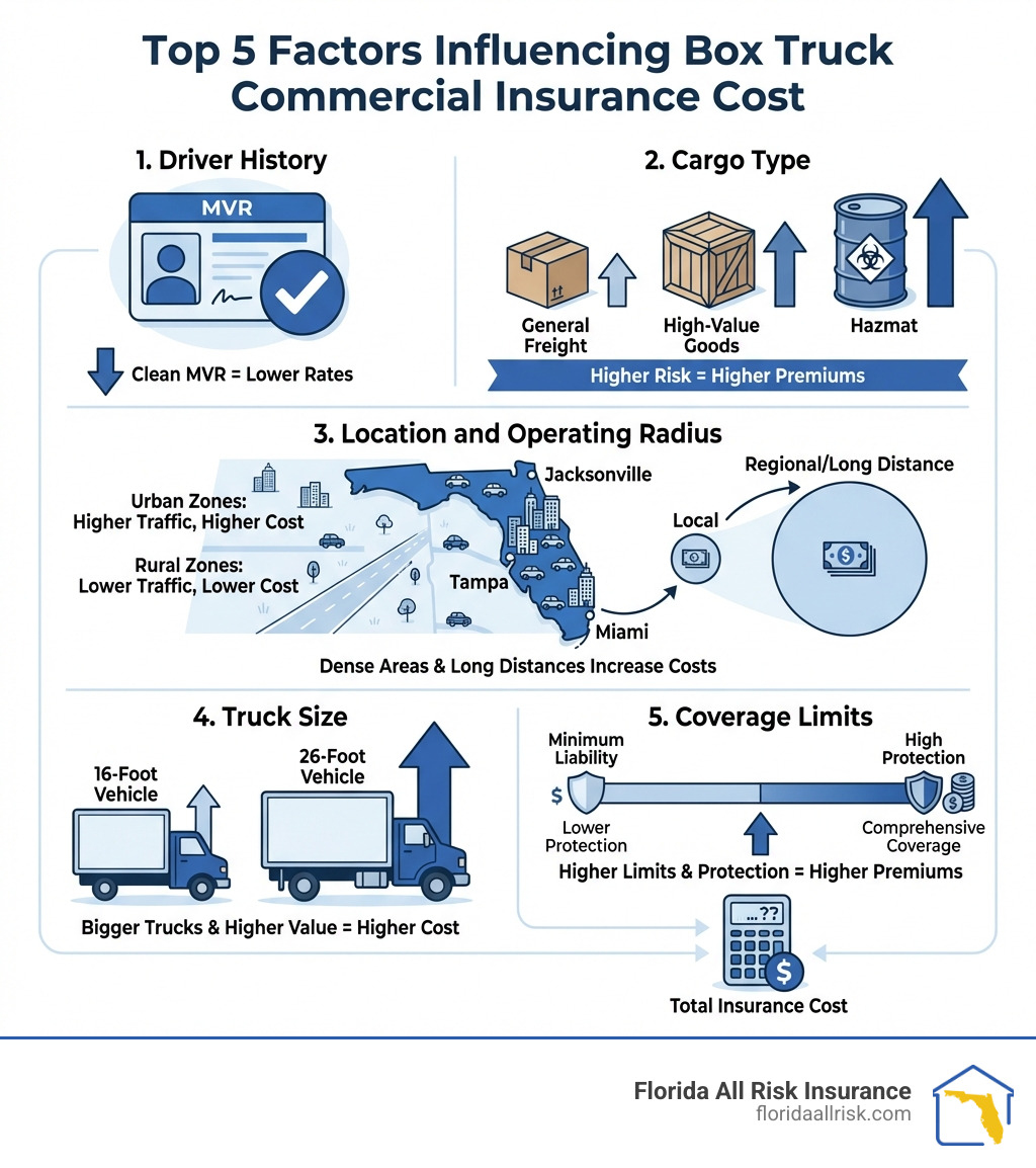 Infographic showing the top 5 factors that influence box truck commercial insurance cost: Driver History with clean MVR icon, Cargo Type with package icons ranging from general freight to hazmat, Location and Operating Radius with Florida map showing urban versus rural zones, Truck Size comparing 16-foot versus 26-foot vehicles, and Coverage Limits showing liability amounts from minimum to high protection levels - box truck commercial insurance cost infographic 