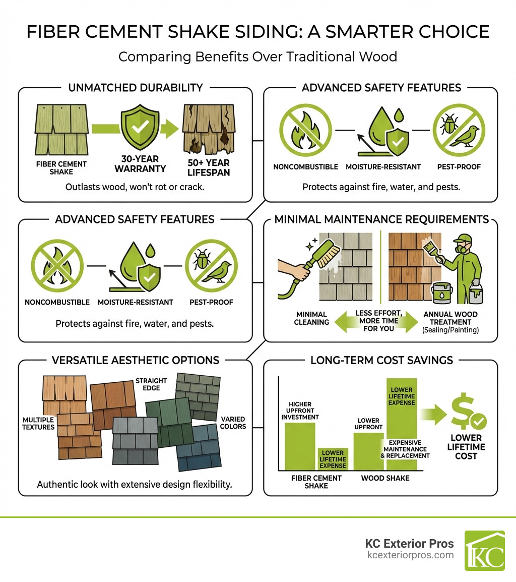 Infographic comparing fiber cement shake siding benefits: shows durability (30-year warranty, 50+ year lifespan), safety features (noncombustible, moisture-resistant, pest-proof), maintenance requirements (minimal cleaning vs. annual wood treatment), aesthetic options (multiple textures and colors), and long-term cost savings (lower lifetime expense despite higher upfront investment) - cement shake siding infographic Infographic comparing fiber cement shake siding benefits: shows durability (30-year warranty, 50+ year lifespan), safety features (noncombustible, moisture-resistant, pest-proof), maintenance requirements (minimal cleaning vs. annual wood treatment), aesthetic options (multiple textures and colors), and long-term cost savings (lower lifetime expense despite higher upfront investment) - cement shake siding infographic