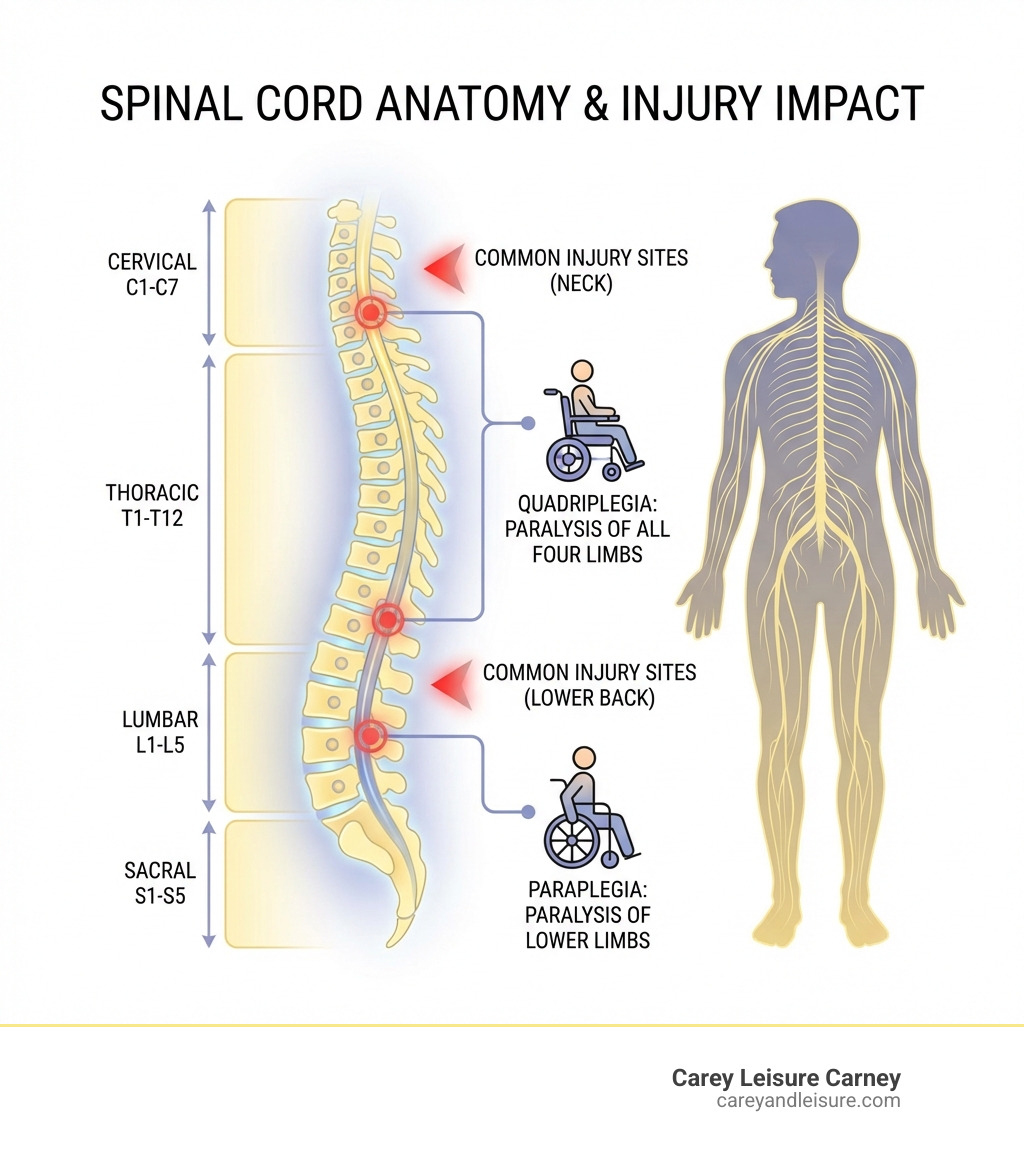 Infographic showing the anatomy of the spinal cord with labeled vertebrae (C1-C7 cervical, T1-T12 thoracic, L1-L5 lumbar, S1-S5 sacral), common injury sites marked, and the relationship between injury level and resulting paralysis type (quadriplegia for neck injuries, paraplegia for lower back injuries) - Spinal injury lawyer infographic 