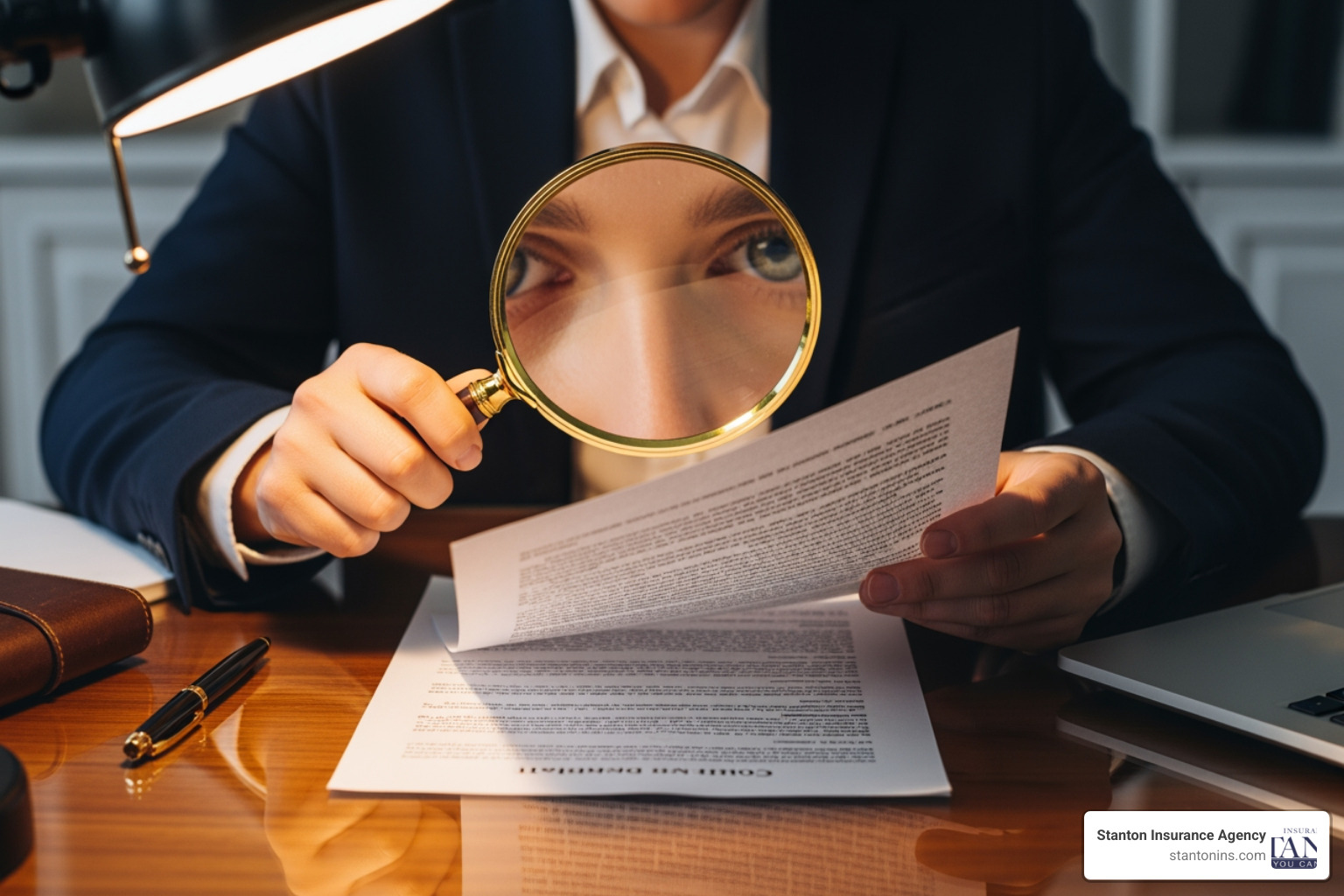 Person reading the fine print of a document with a magnifying glass - travel insurance Person reading the fine print of a document with a magnifying glass - travel insurance
