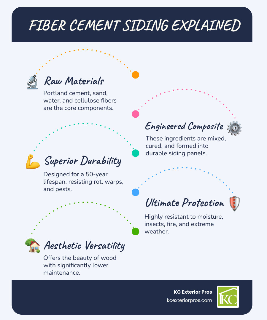 infographic showing fiber cement siding composition with Portland cement, sand, water, and cellulose fibers mixed together, plus manufacturing process steps and key benefits like 50-year lifespan, fire resistance, and moisture protection - cement siding near me infographic infographic-line-5-steps-blues-accent_colors infographic showing fiber cement siding composition with Portland cement, sand, water, and cellulose fibers mixed together, plus manufacturing process steps and key benefits like 50-year lifespan, fire resistance, and moisture protection - cement siding near me infographic infographic-line-5-steps-blues-accent_colors