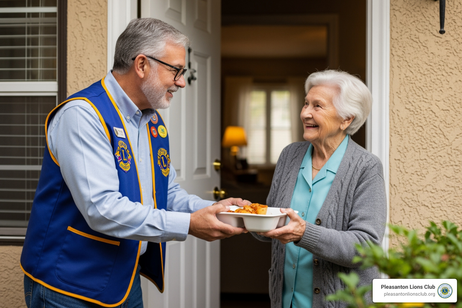 of a Pleasanton Lions Club volunteer delivering a meal to a senior at their home - Community service for seniors of a Pleasanton Lions Club volunteer delivering a meal to a senior at their home - Community service for seniors