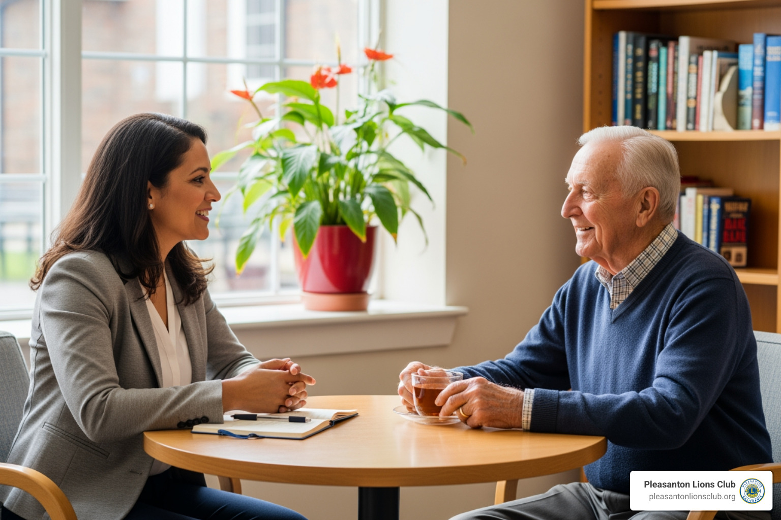 of a senior speaking with a friendly Pleasanton Lions Club care coordinator - Community service for seniors of a senior speaking with a friendly Pleasanton Lions Club care coordinator - Community service for seniors