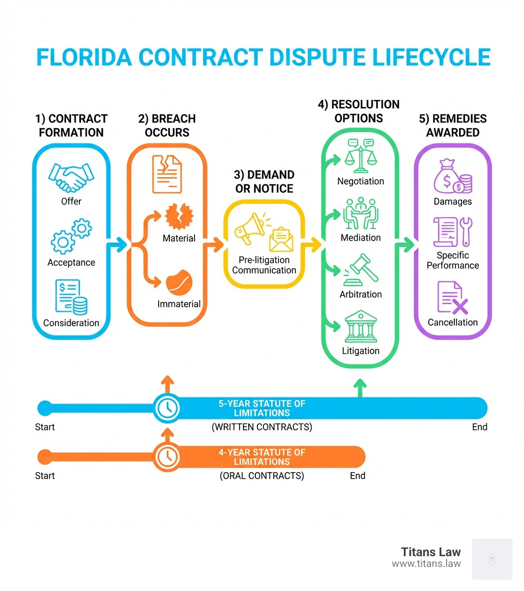 Infographic showing the lifecycle of a Florida contract dispute: 1) Contract Formation (offer, acceptance, consideration), 2) Breach Occurs (material or immaterial), 3) Demand or Notice (pre-litigation communication), 4) Resolution Options (negotiation, mediation, arbitration, litigation), 5) Remedies Awarded (damages, specific performance, cancellation), with timelines noting the 5-year statute of limitations for written contracts and 4-year for oral contracts - contract dispute Florida infographic Infographic showing the lifecycle of a Florida contract dispute: 1) Contract Formation (offer, acceptance, consideration), 2) Breach Occurs (material or immaterial), 3) Demand or Notice (pre-litigation communication), 4) Resolution Options (negotiation, mediation, arbitration, litigation), 5) Remedies Awarded (damages, specific performance, cancellation), with timelines noting the 5-year statute of limitations for written contracts and 4-year for oral contracts - contract dispute Florida infographic